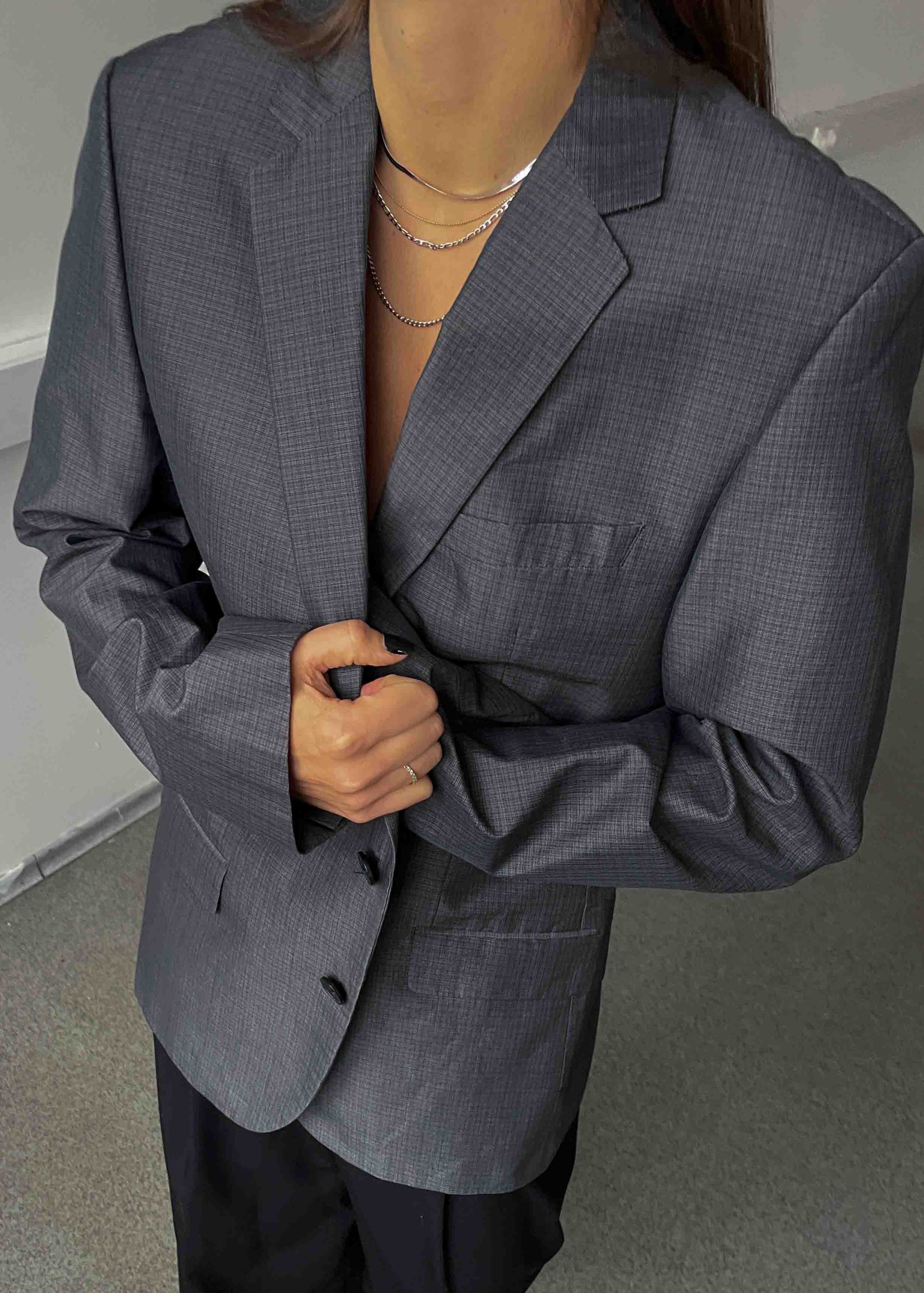 HUGO BOSS Vintage Grey Oversized Blazer with Glossy Finish