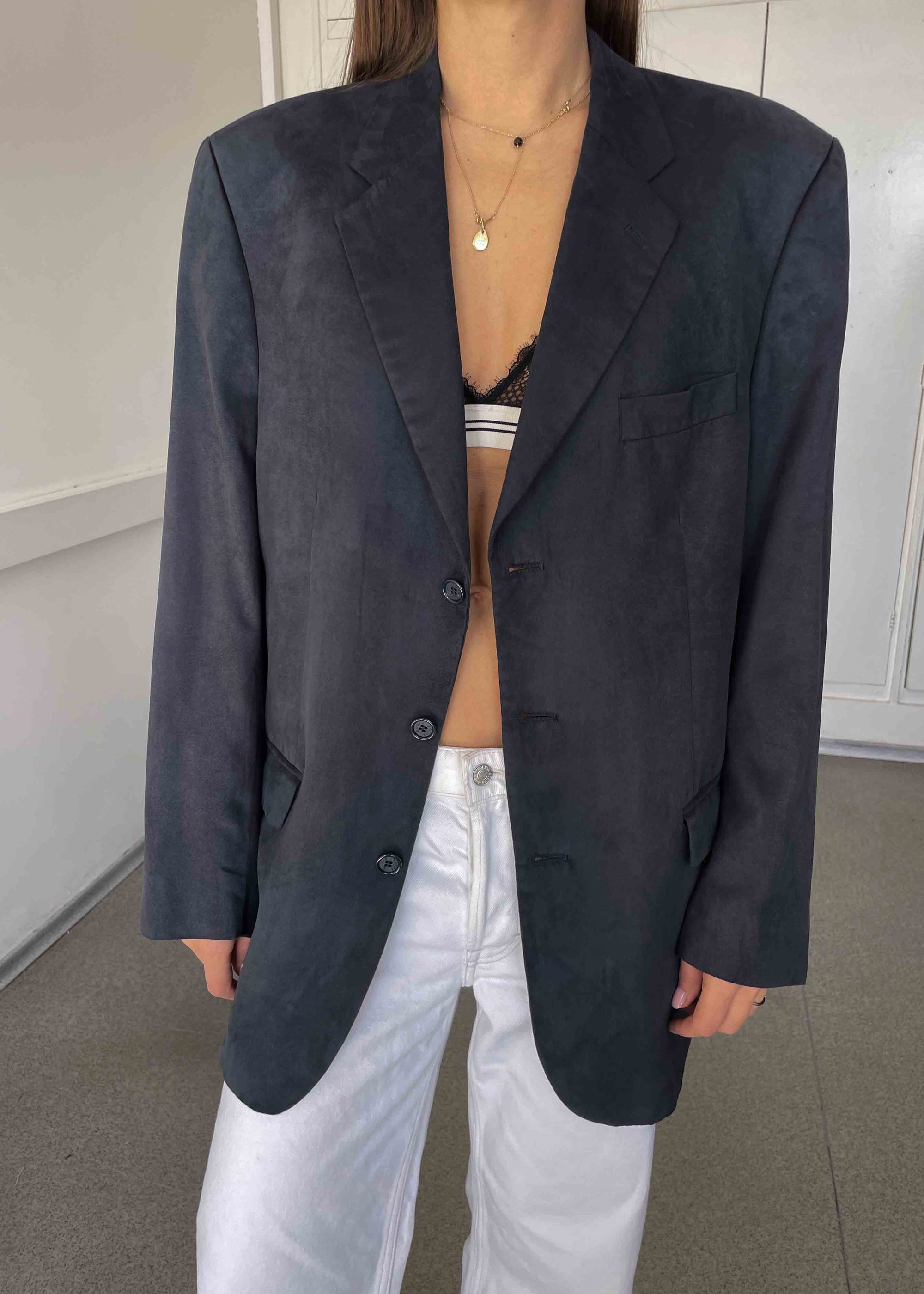Vintage Dark Grey Oversized Faux Suede Blazer