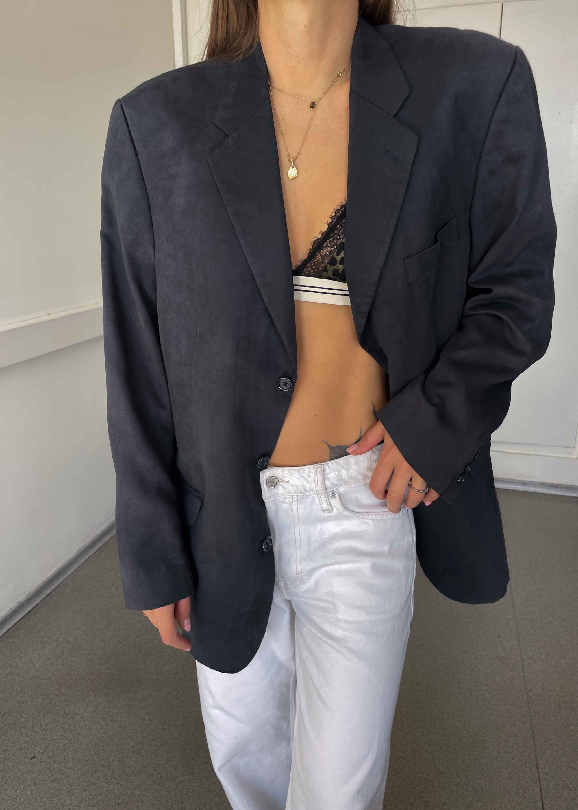 Vintage Dark Grey Oversized Faux Suede Blazer