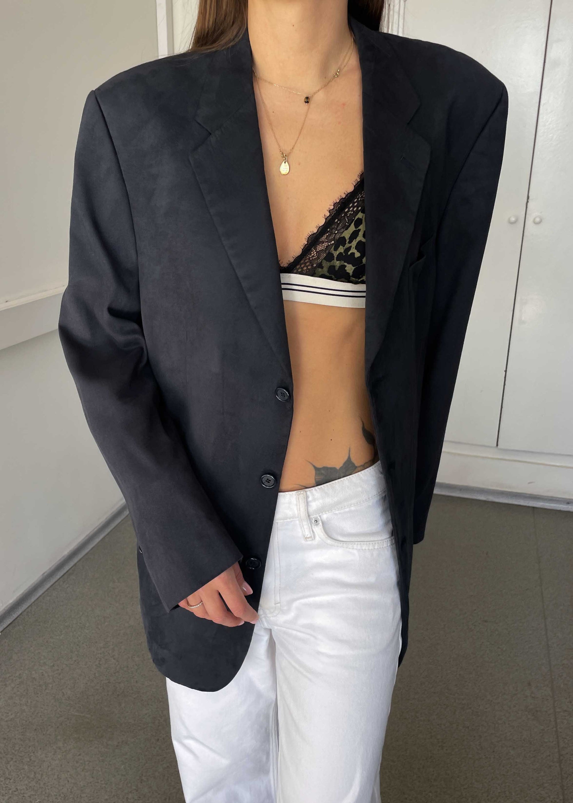 Vintage Dark Grey Oversized Faux Suede Blazer