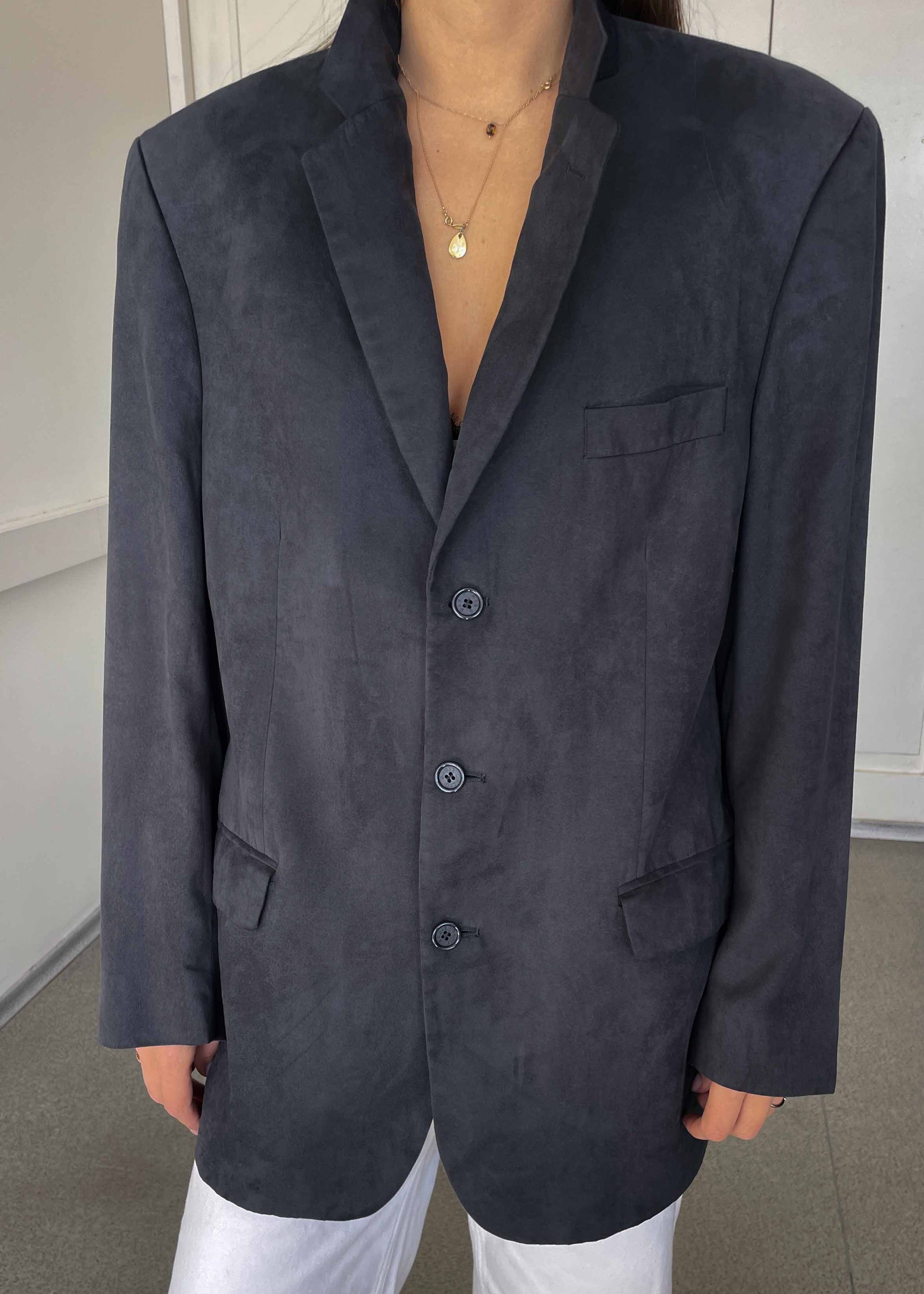 Vintage Dark Grey Oversized Faux Suede Blazer