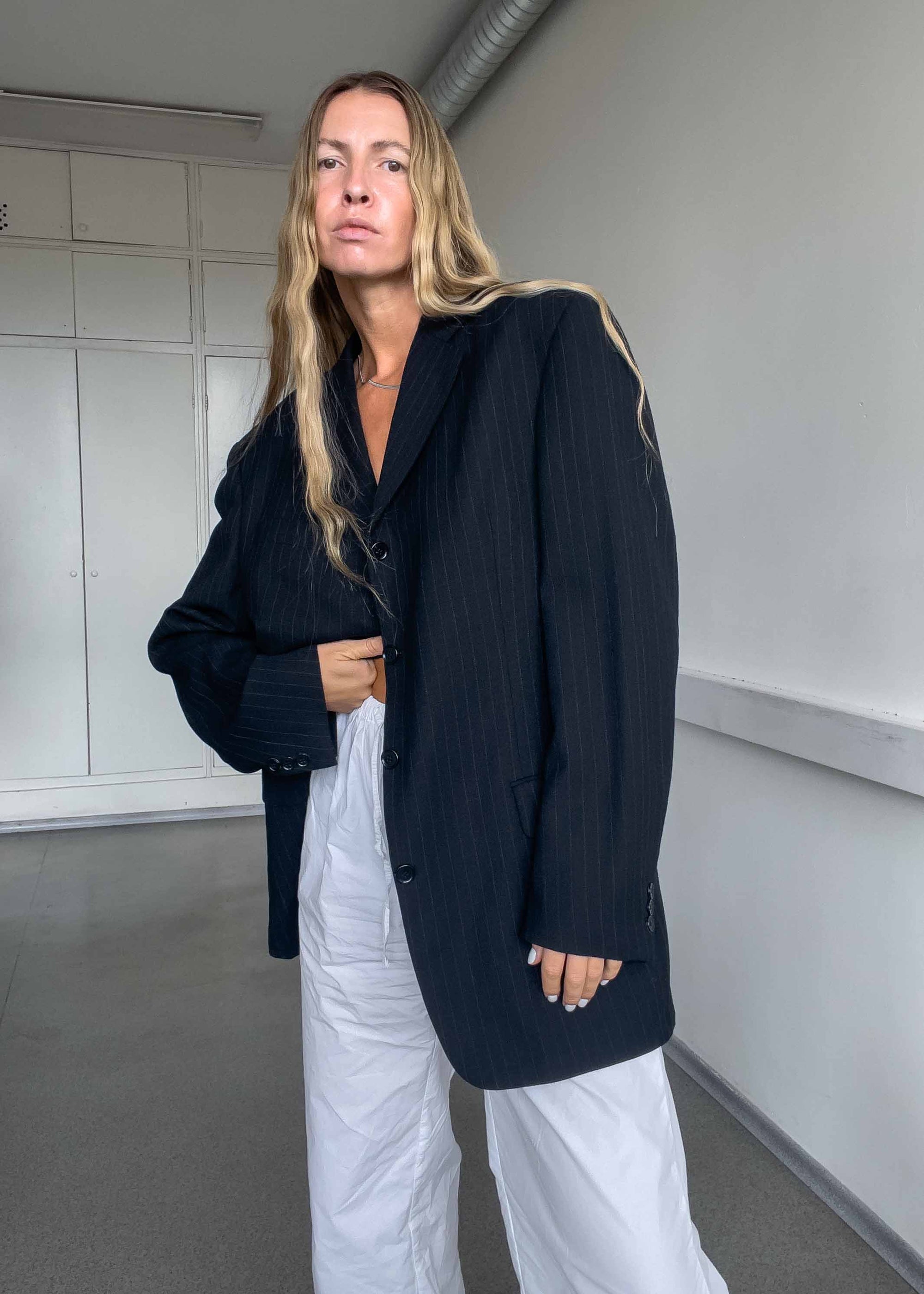 Vintage Black Stripy Oversized Blazer