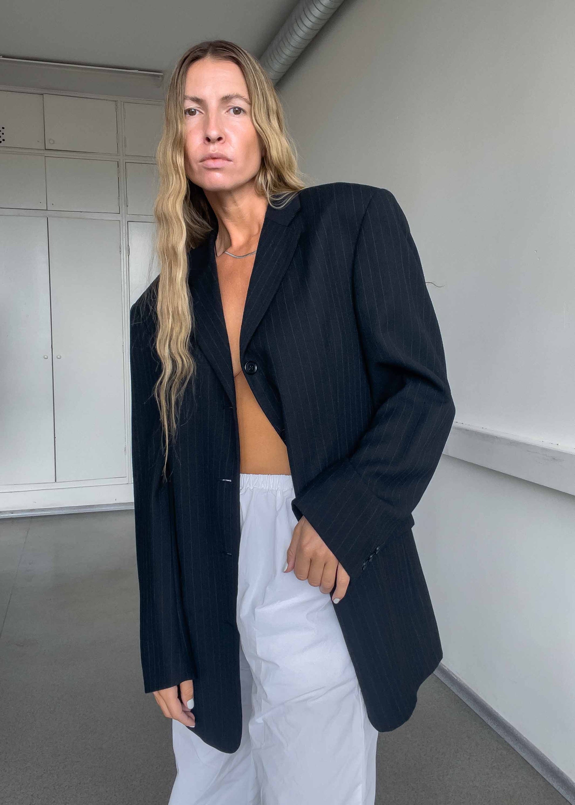 Vintage Black Stripy Oversized Blazer