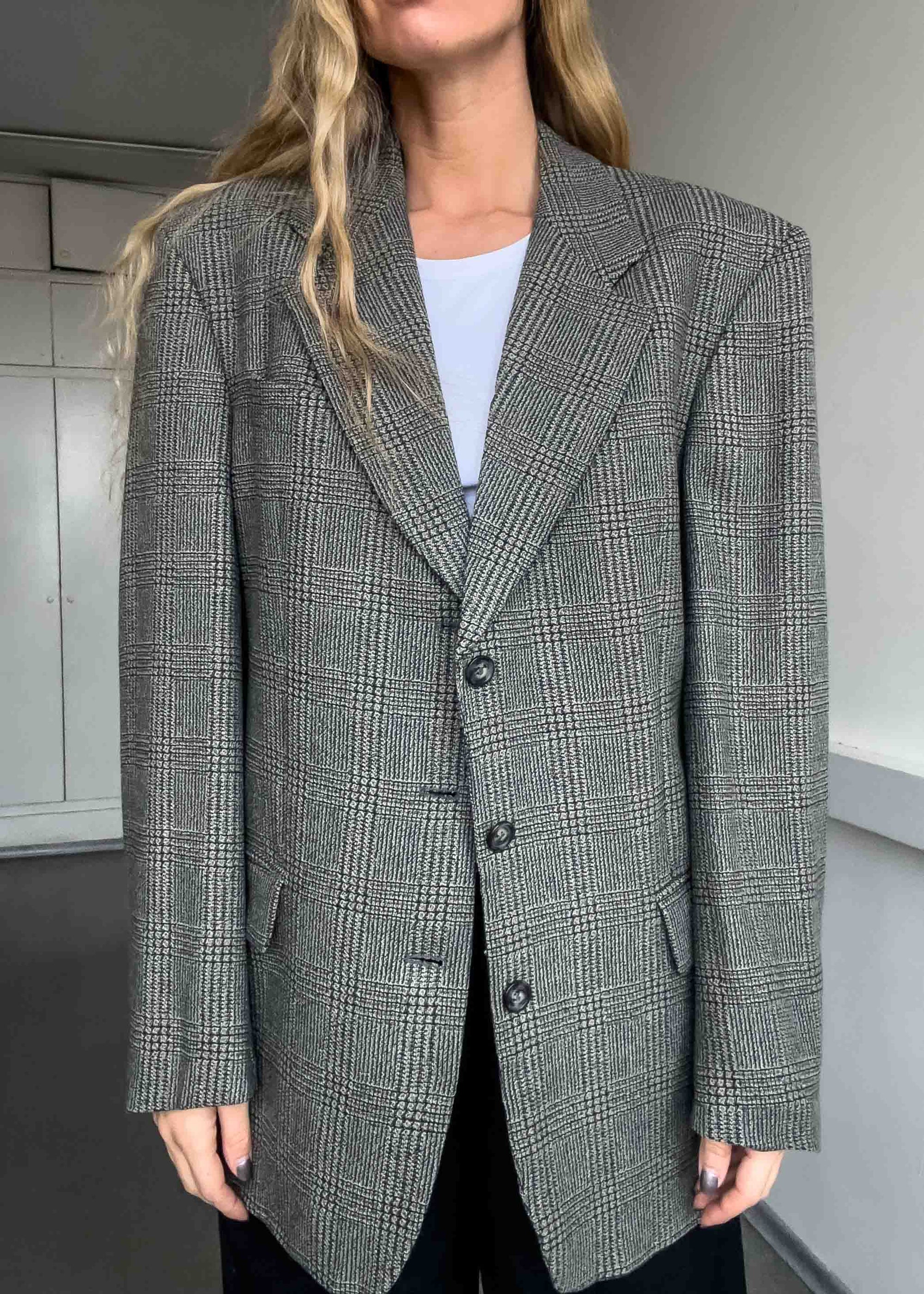 Vintage Checked Oversized Blazer in Green & Grey Tones
