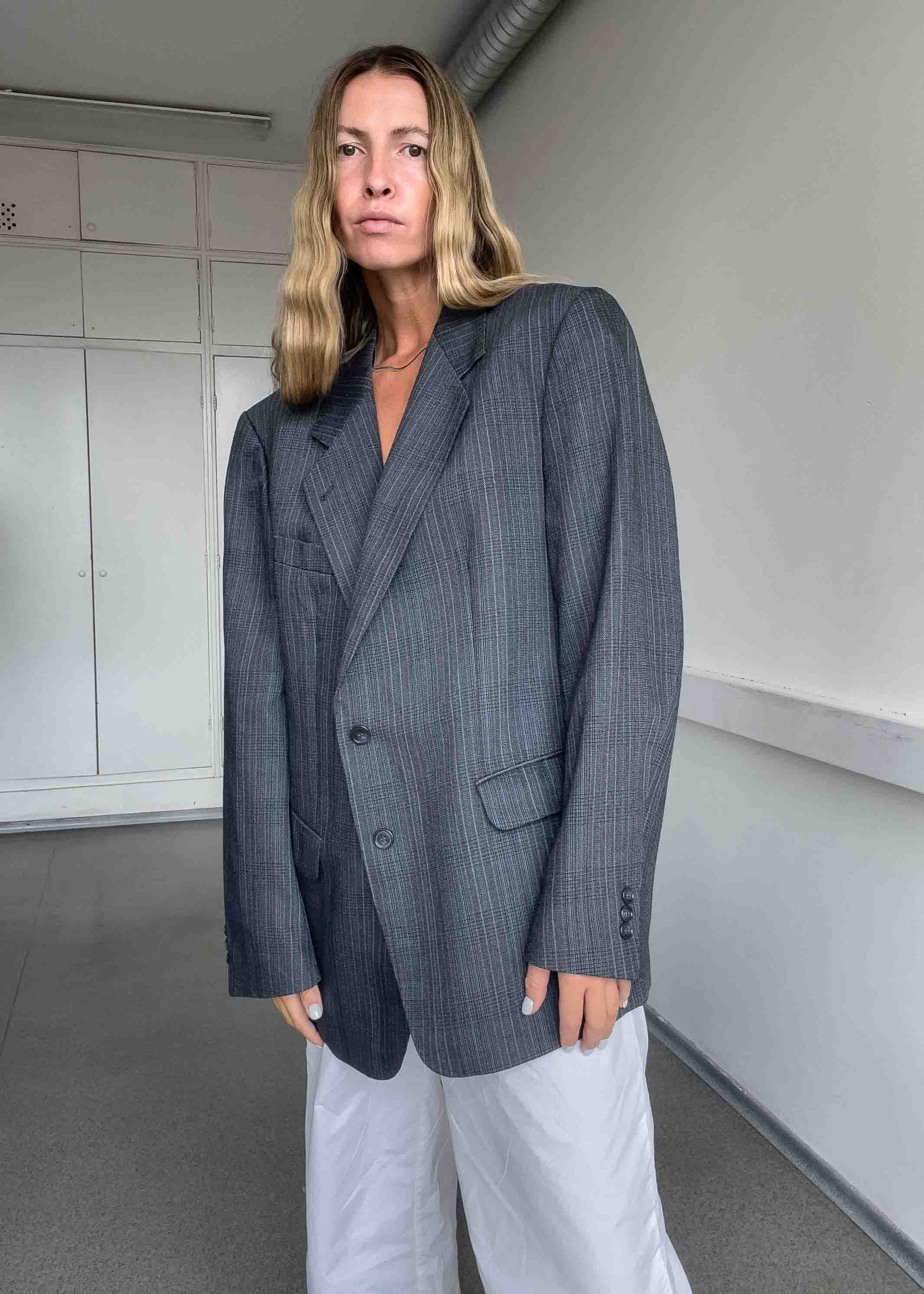 Vintage Grey Checked Oversized Blazer