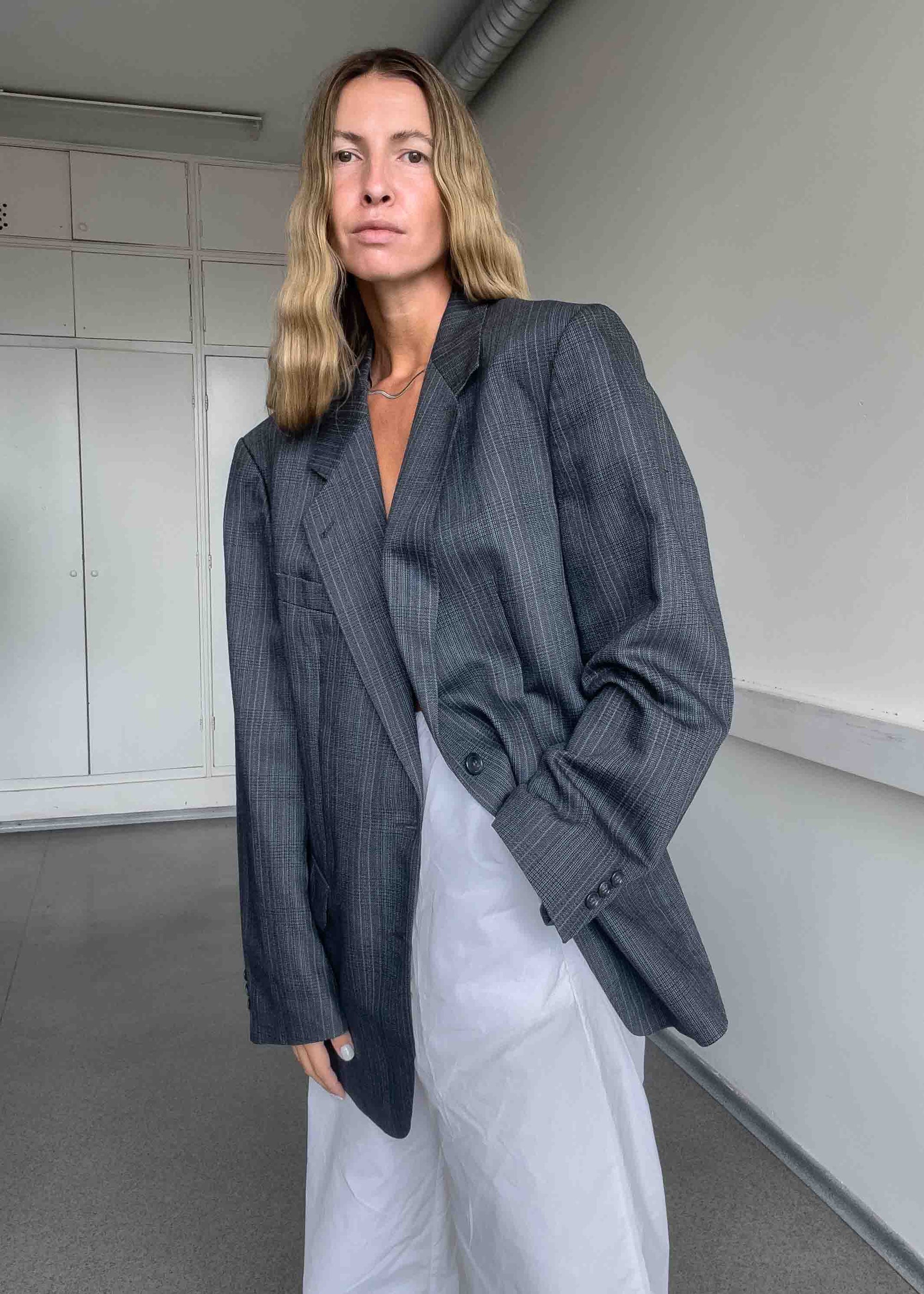 Vintage Grey Checked Oversized Blazer