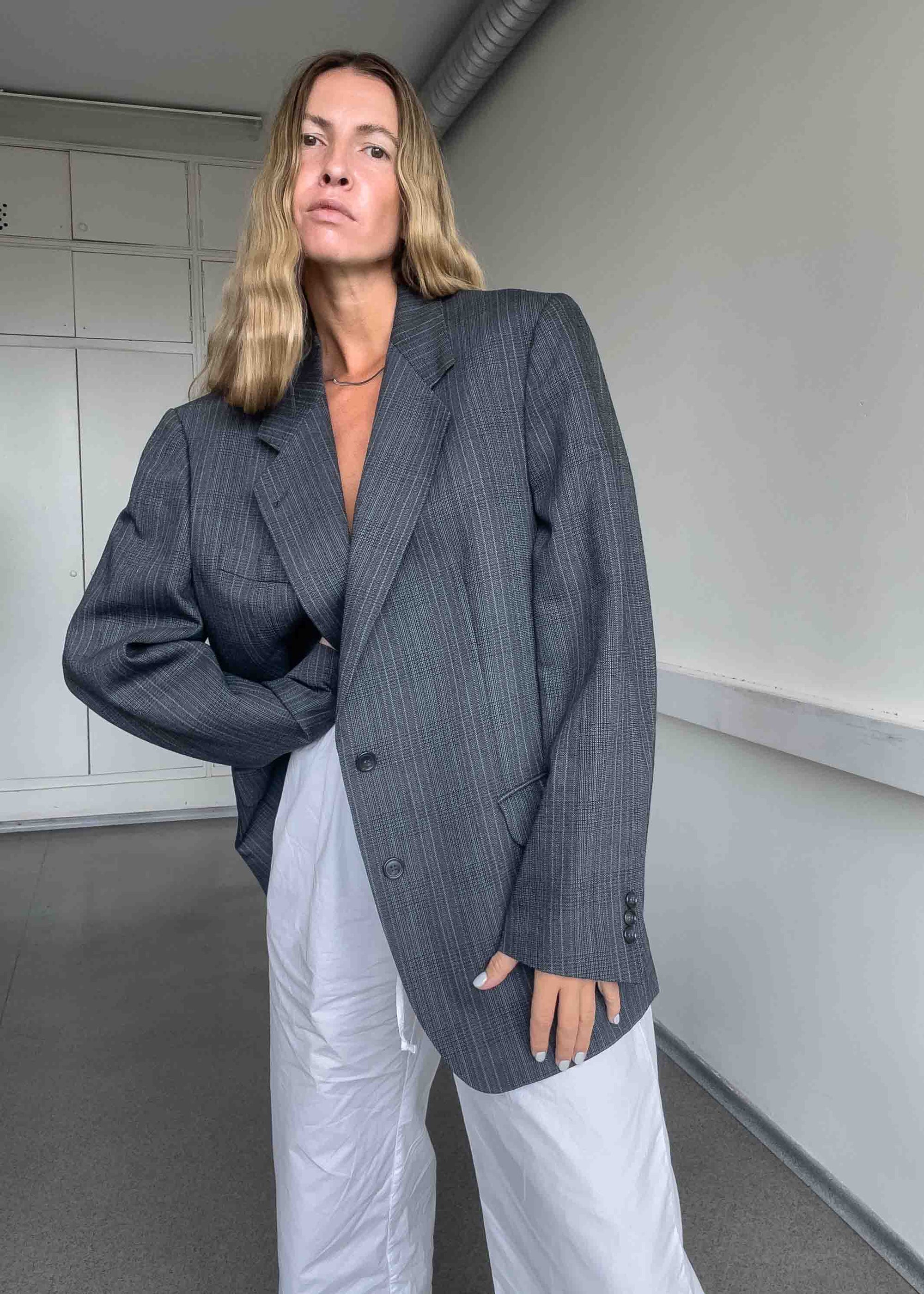 Vintage Grey Checked Oversized Blazer