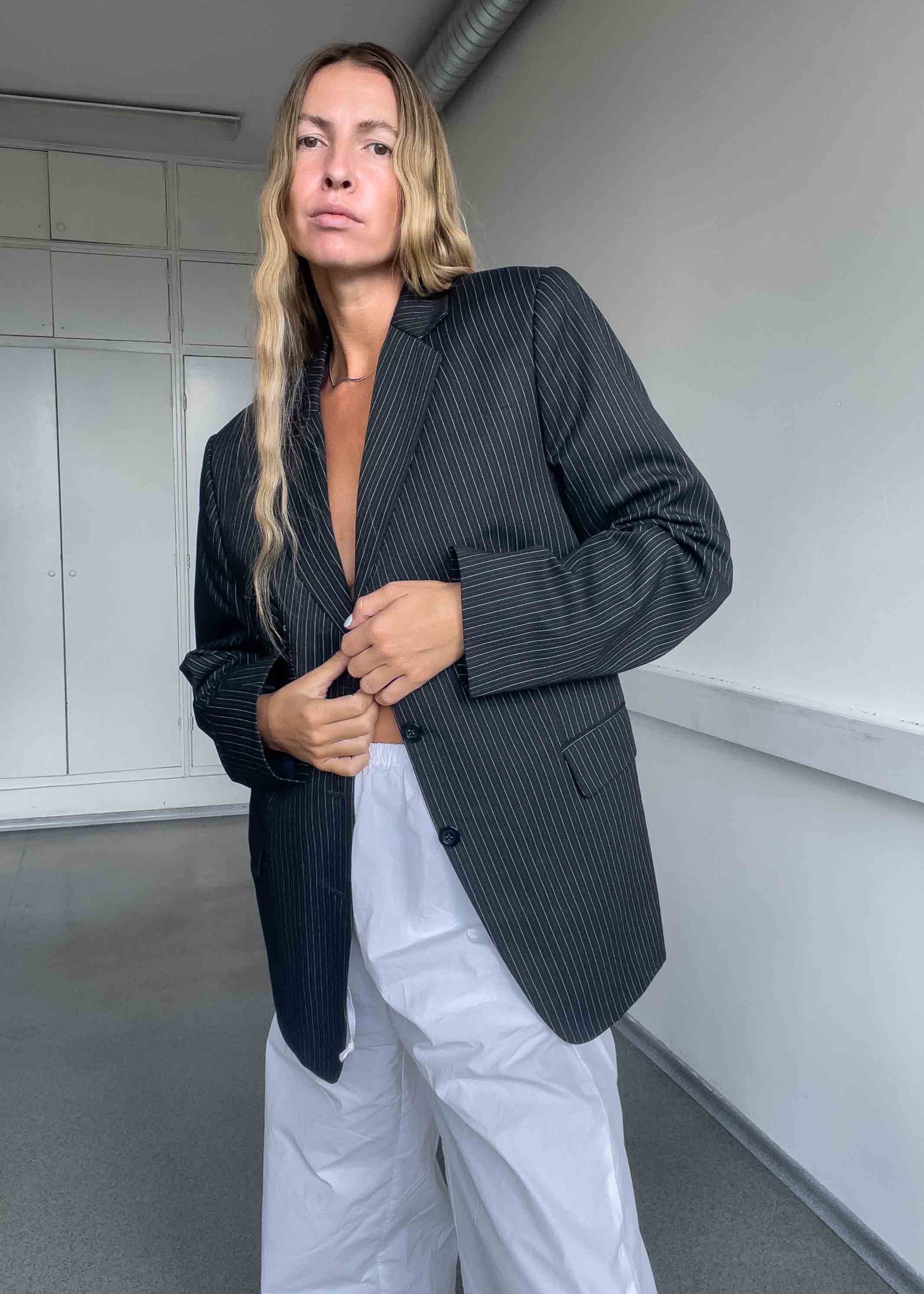 Vintage Black Stripy Oversized Blazer