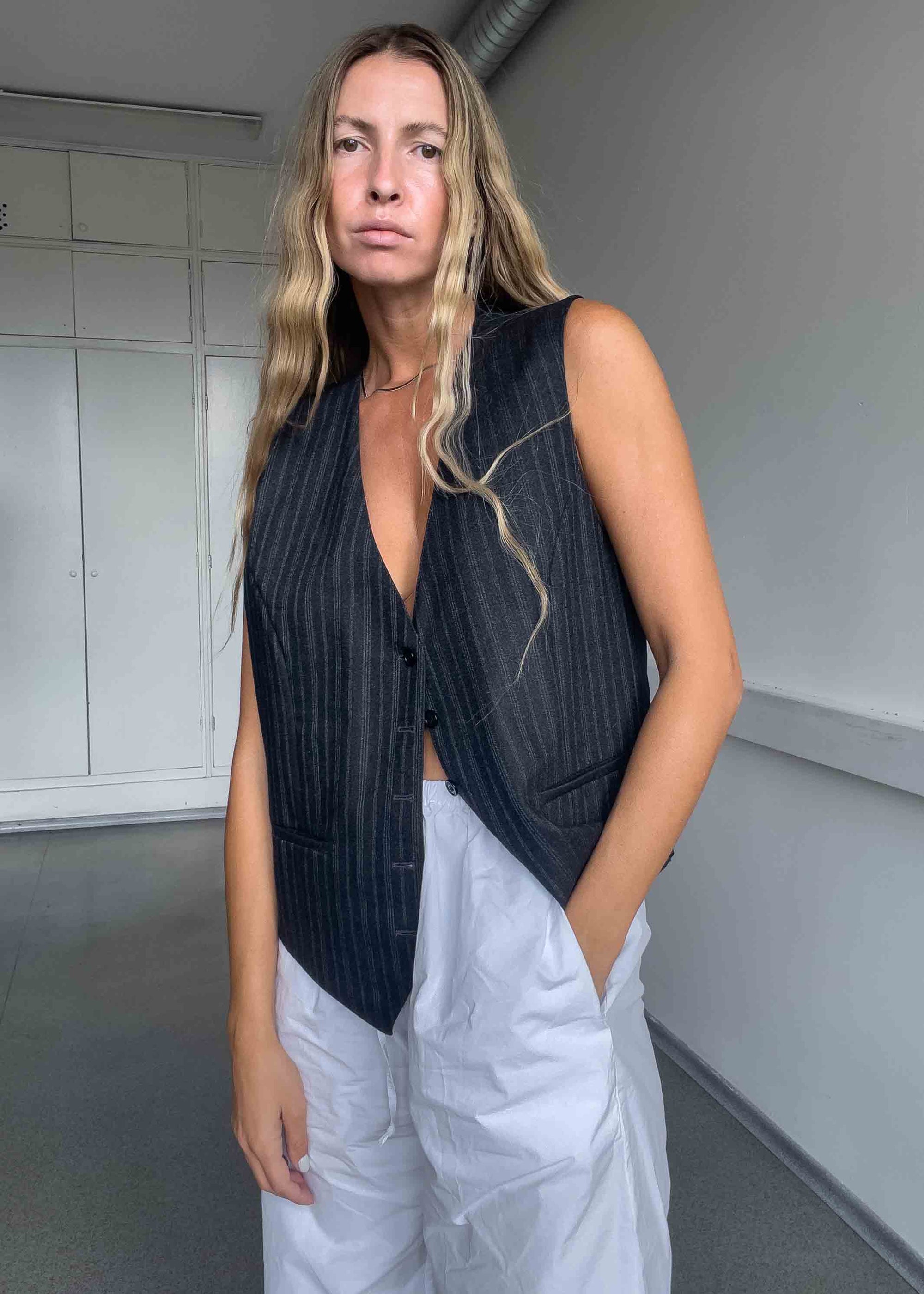 Vintage Grey Stripy Oversized Classy Vest