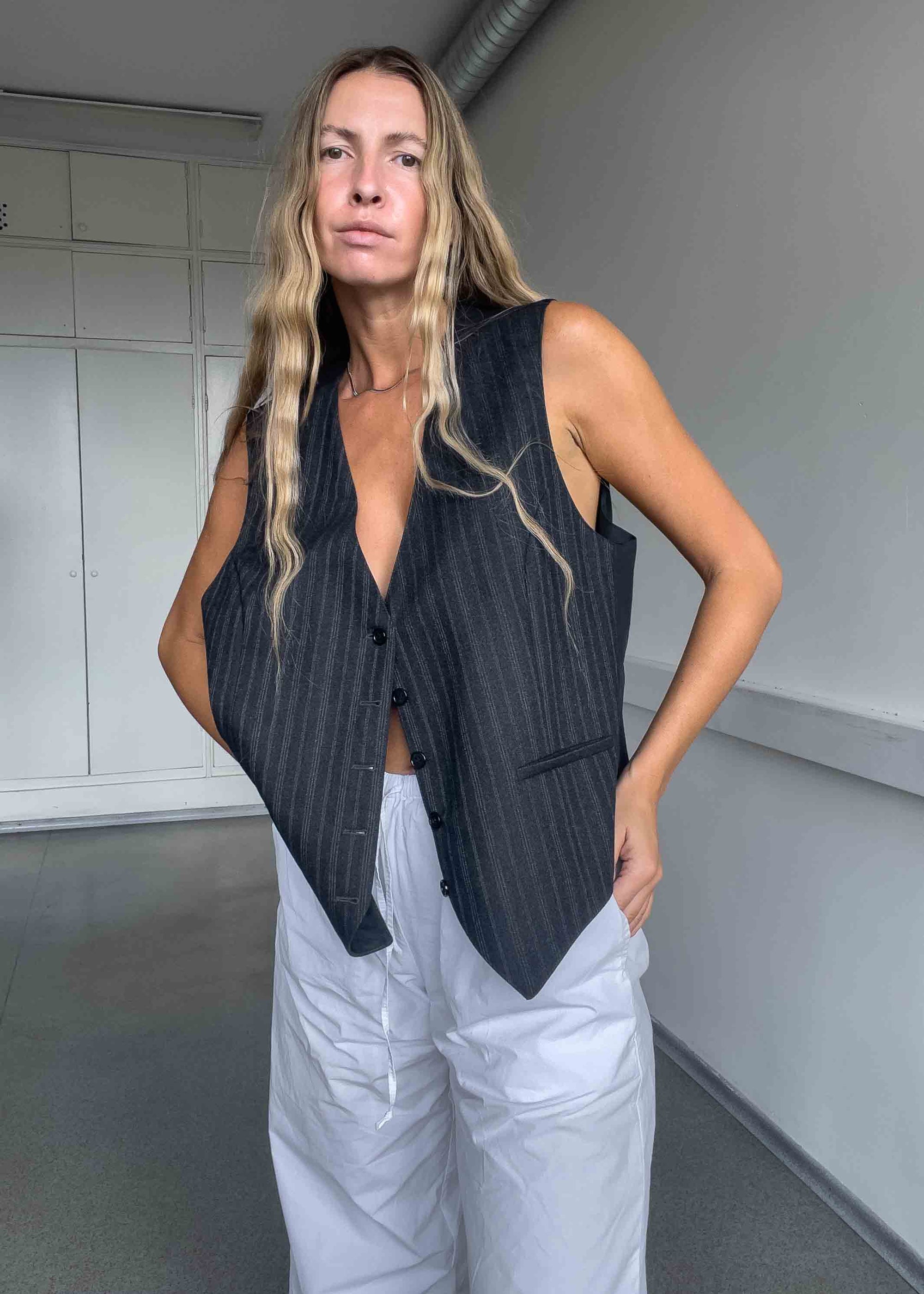 Vintage Grey Stripy Oversized Classy Vest
