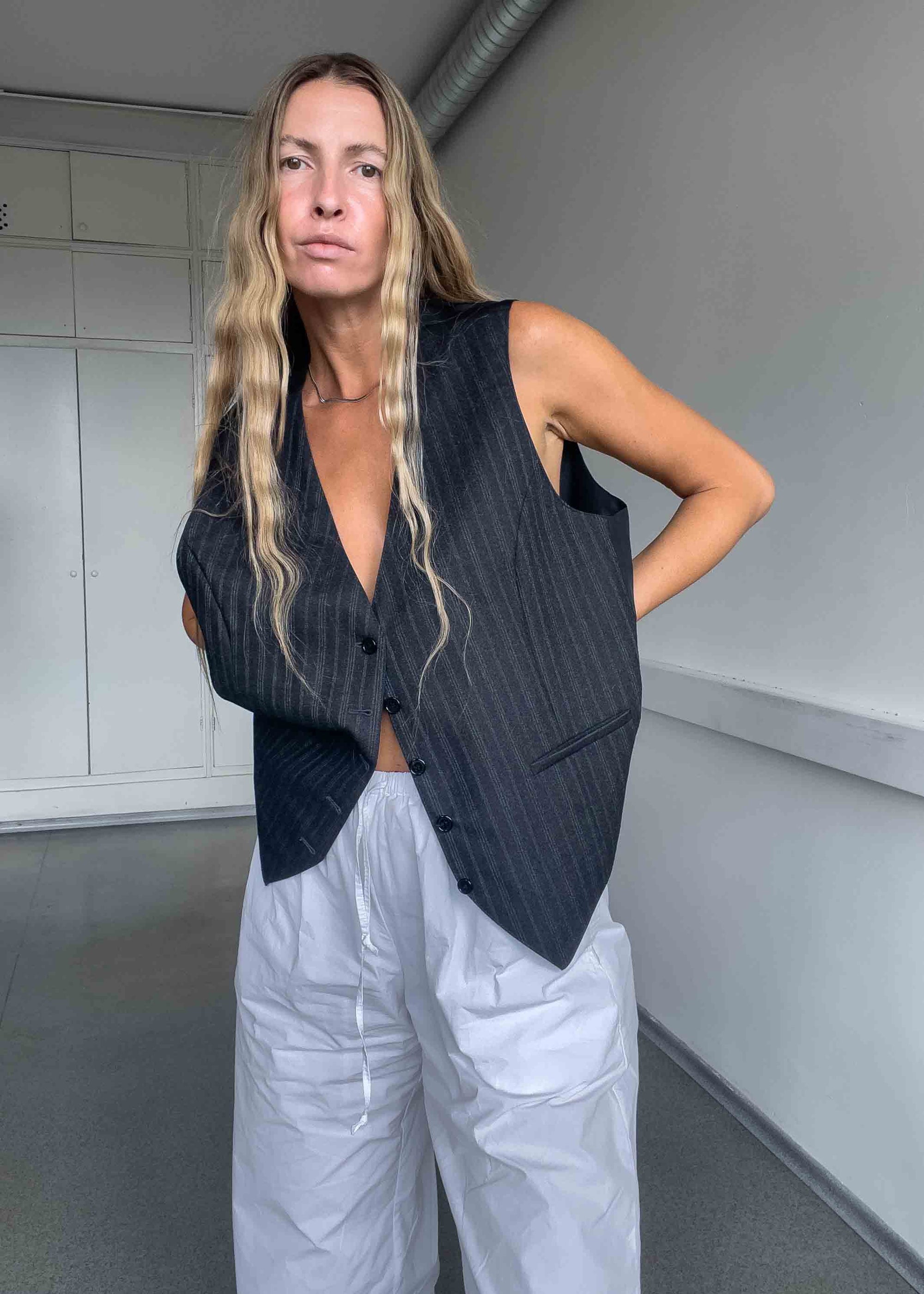 Vintage Grey Stripy Oversized Classy Vest