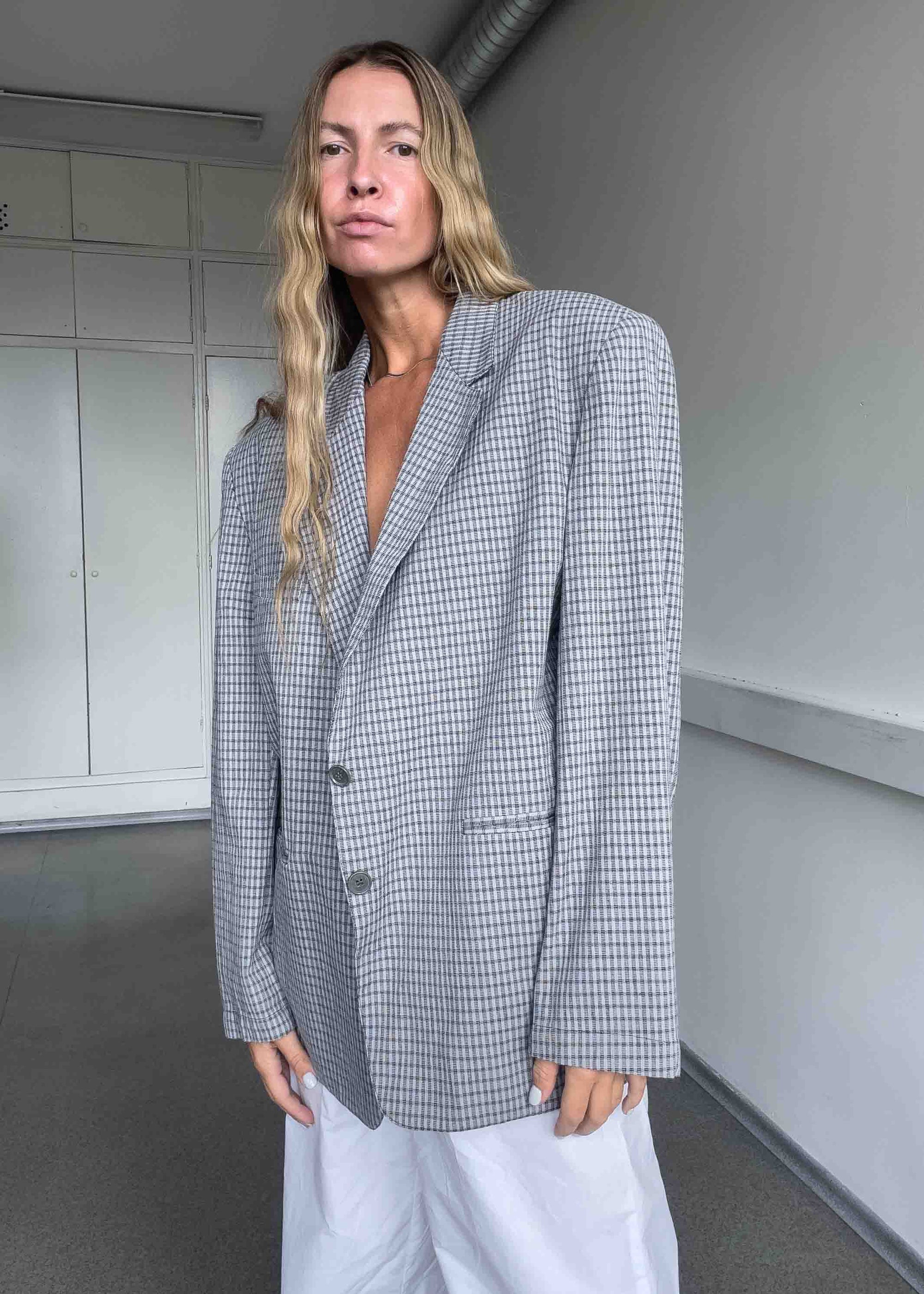 Vintage Grey Checked Oversized Light Weight Blazer