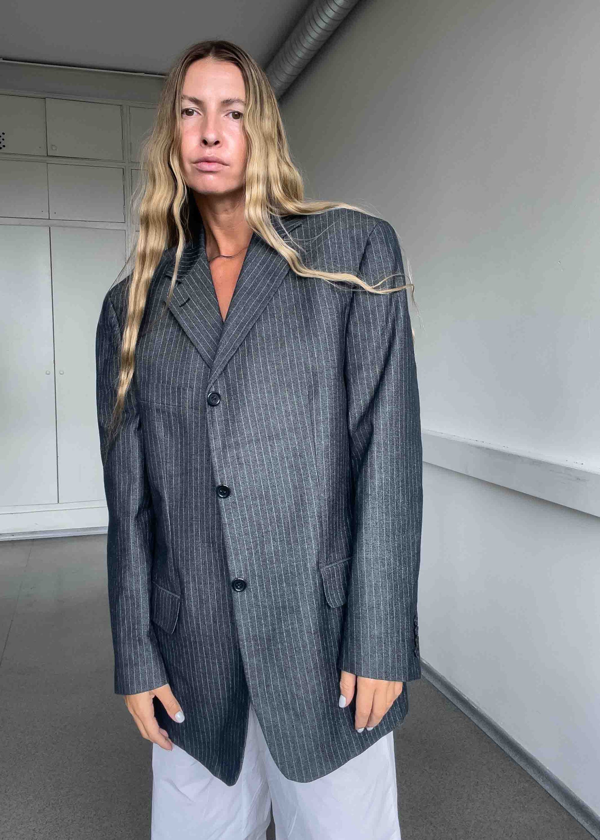 Vintage Silver Grey Stripy Oversized Blazer
