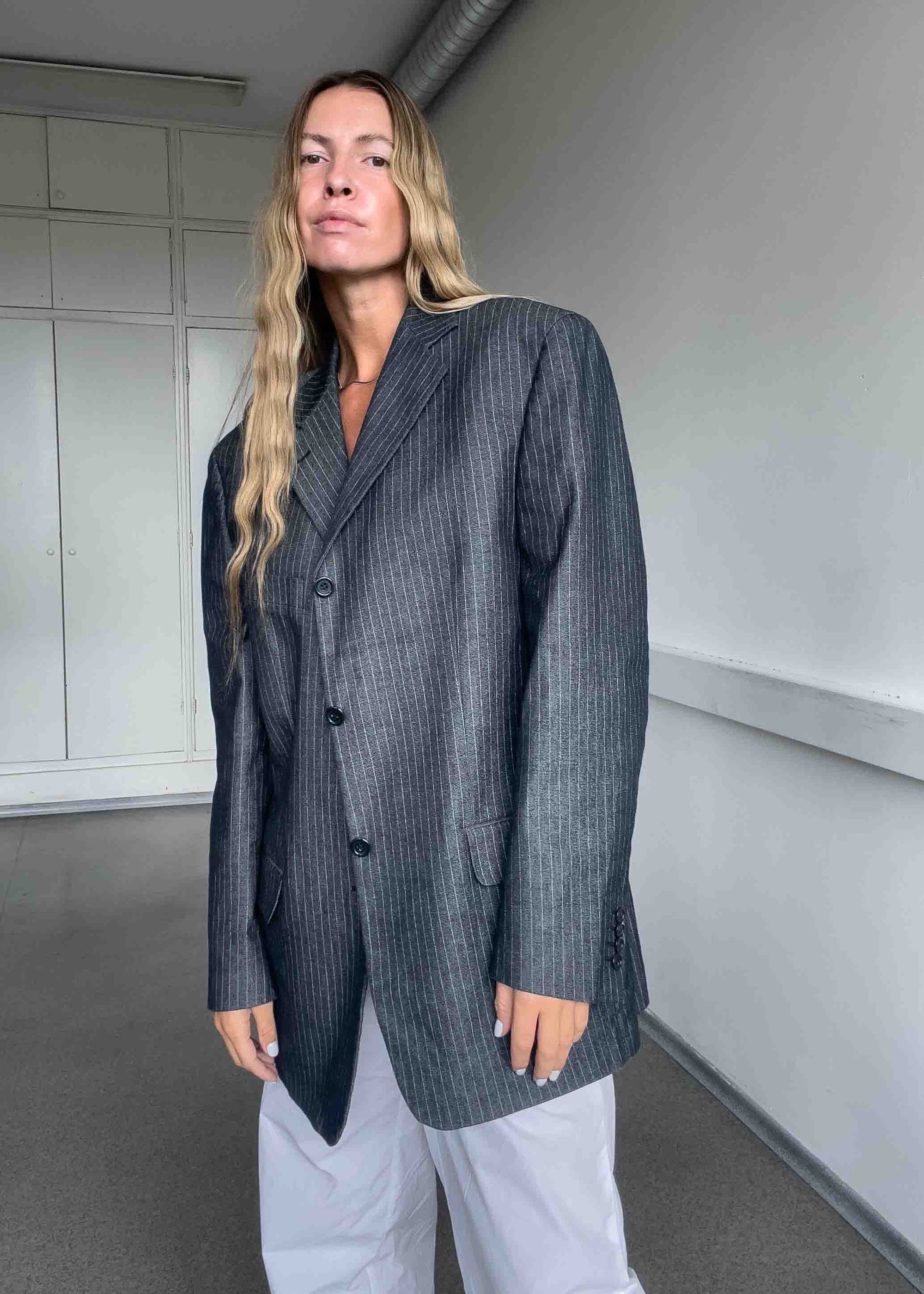 Vintage Silver Grey Stripy Oversized Blazer