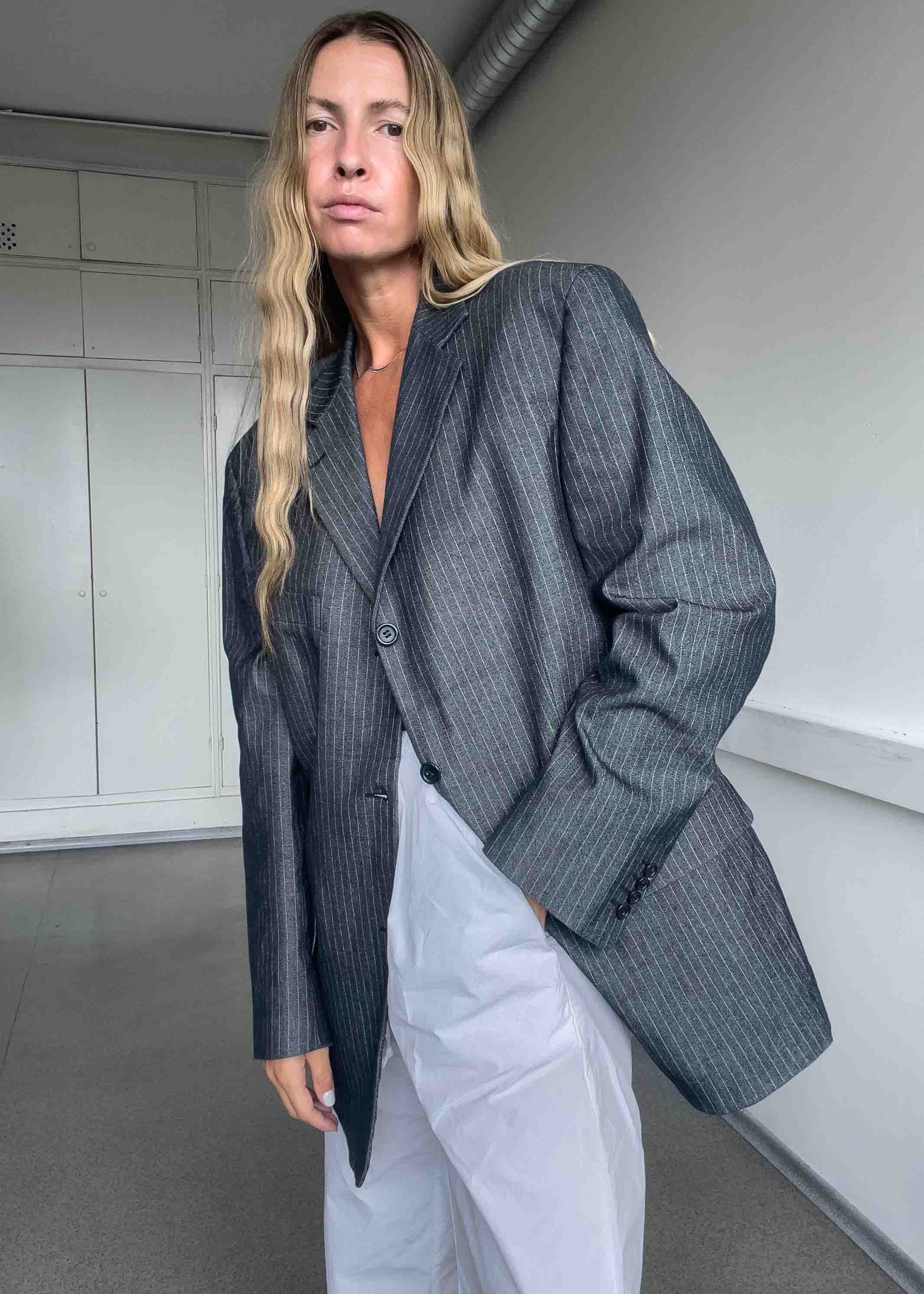 Vintage Silver Grey Stripy Oversized Blazer
