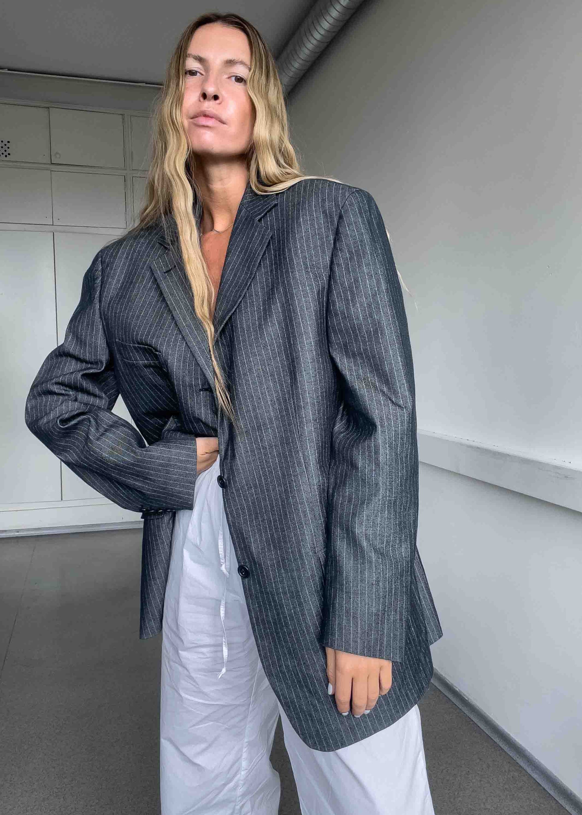Vintage Silver Grey Stripy Oversized Blazer