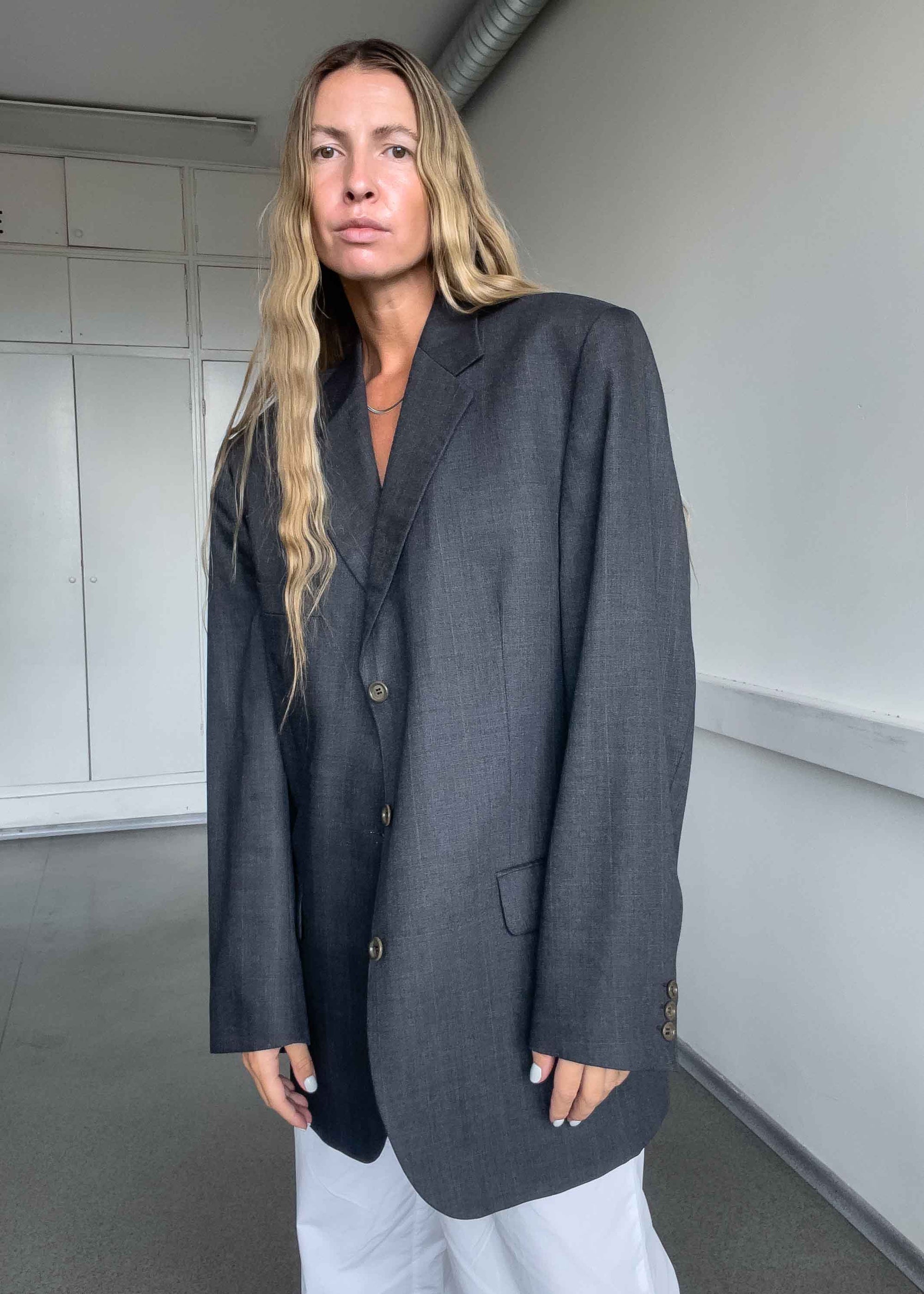 Vintage Grey Checked Oversized Blazer