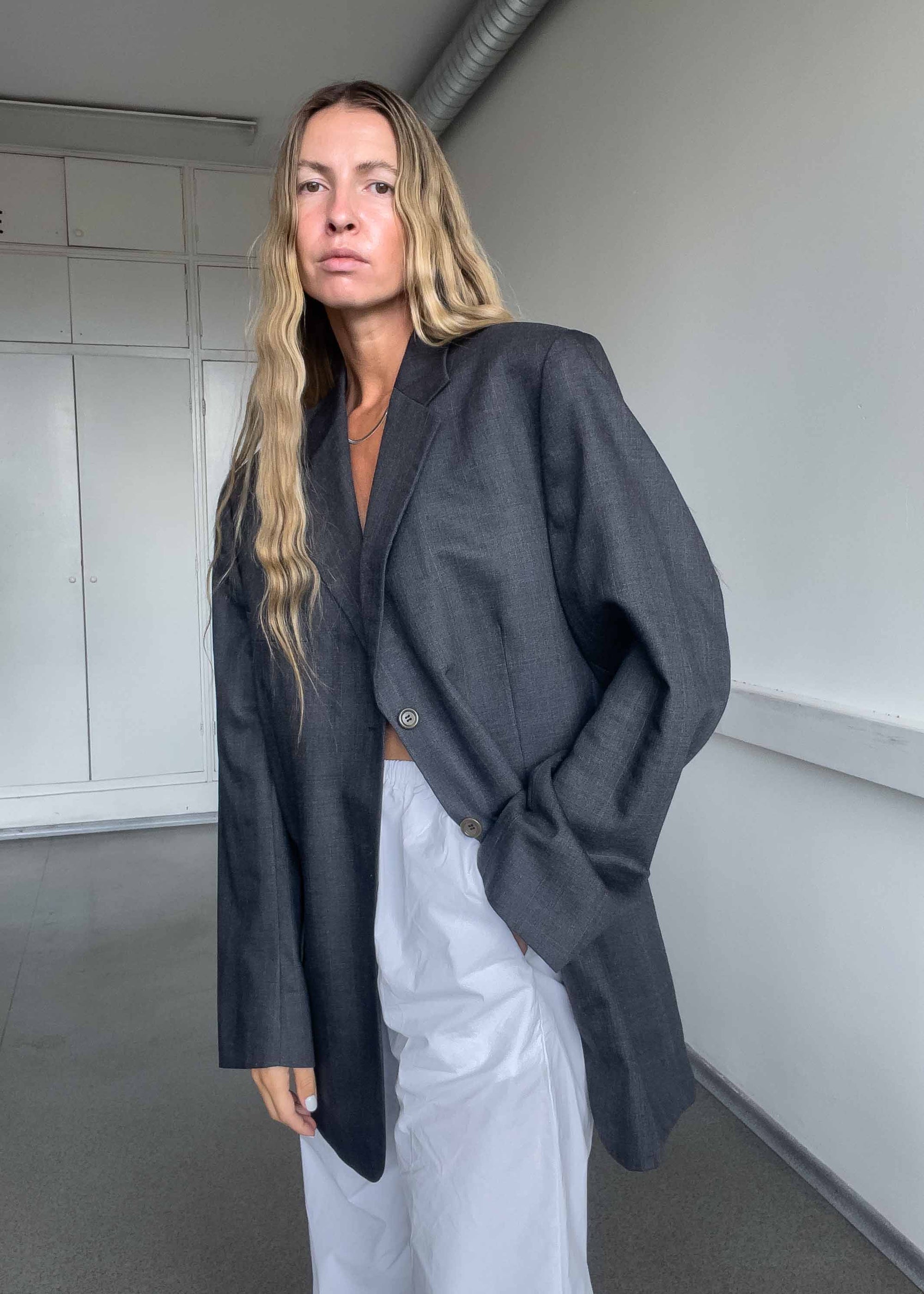 Vintage Grey Checked Oversized Blazer
