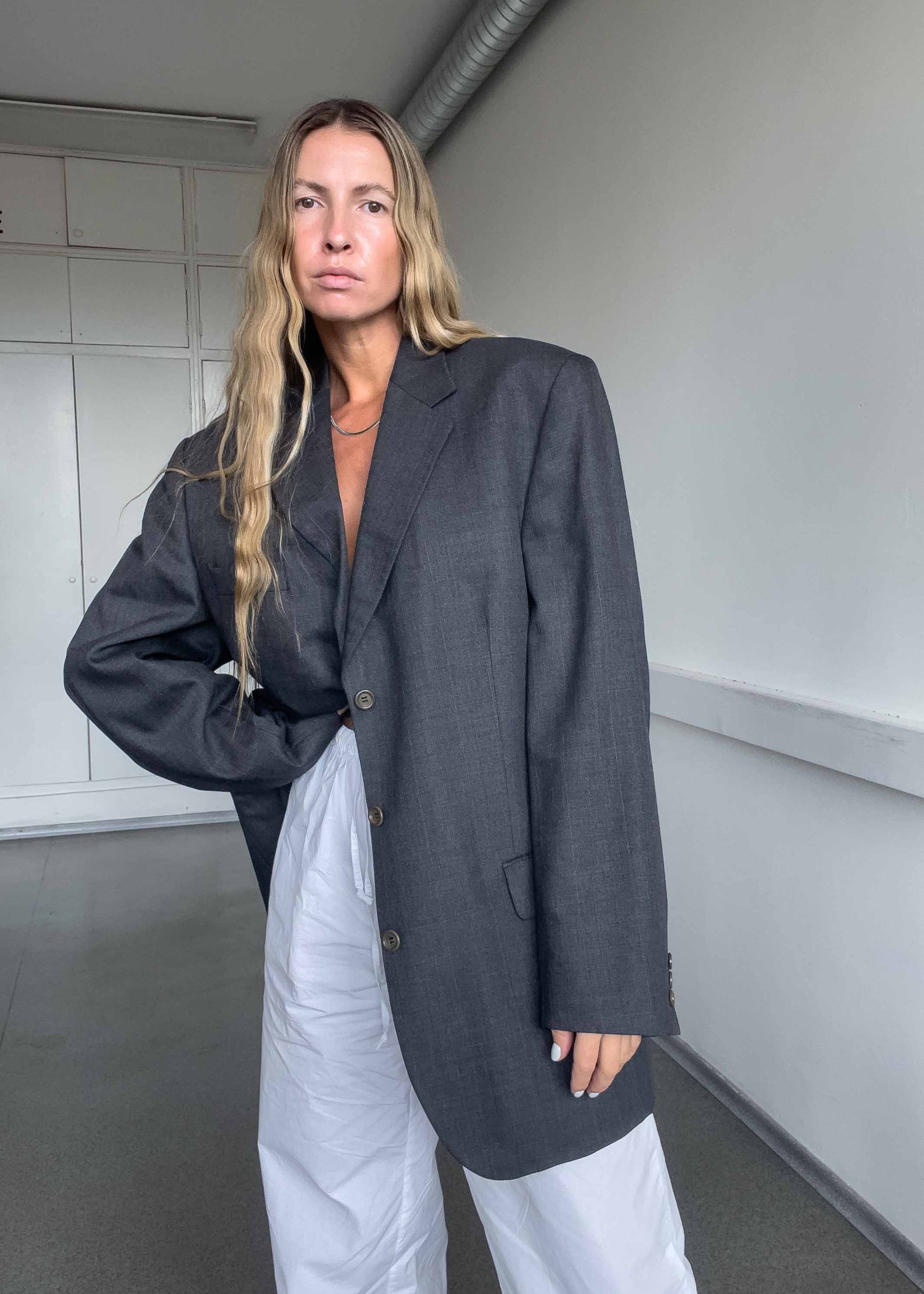 Vintage Grey Checked Oversized Blazer