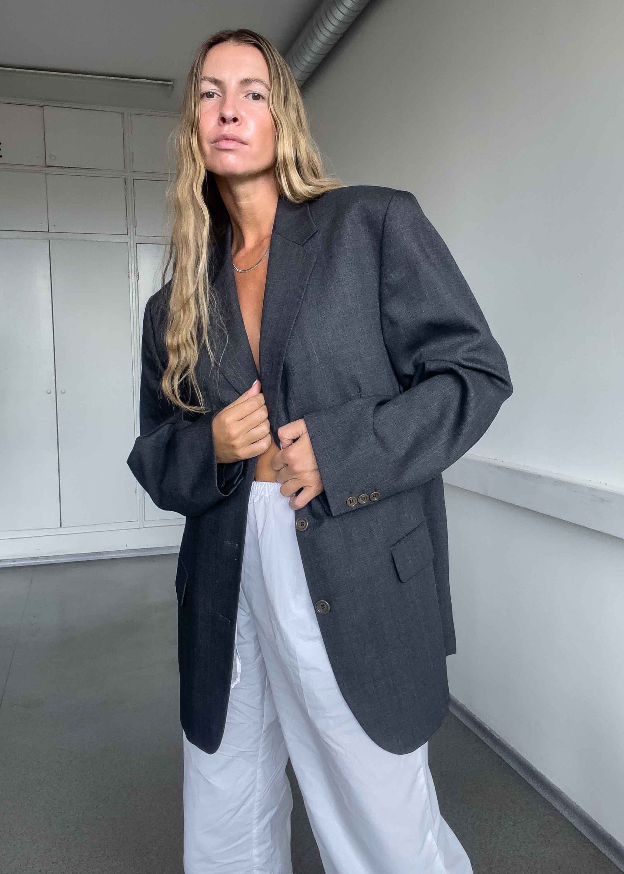 Vintage Grey Checked Oversized Blazer