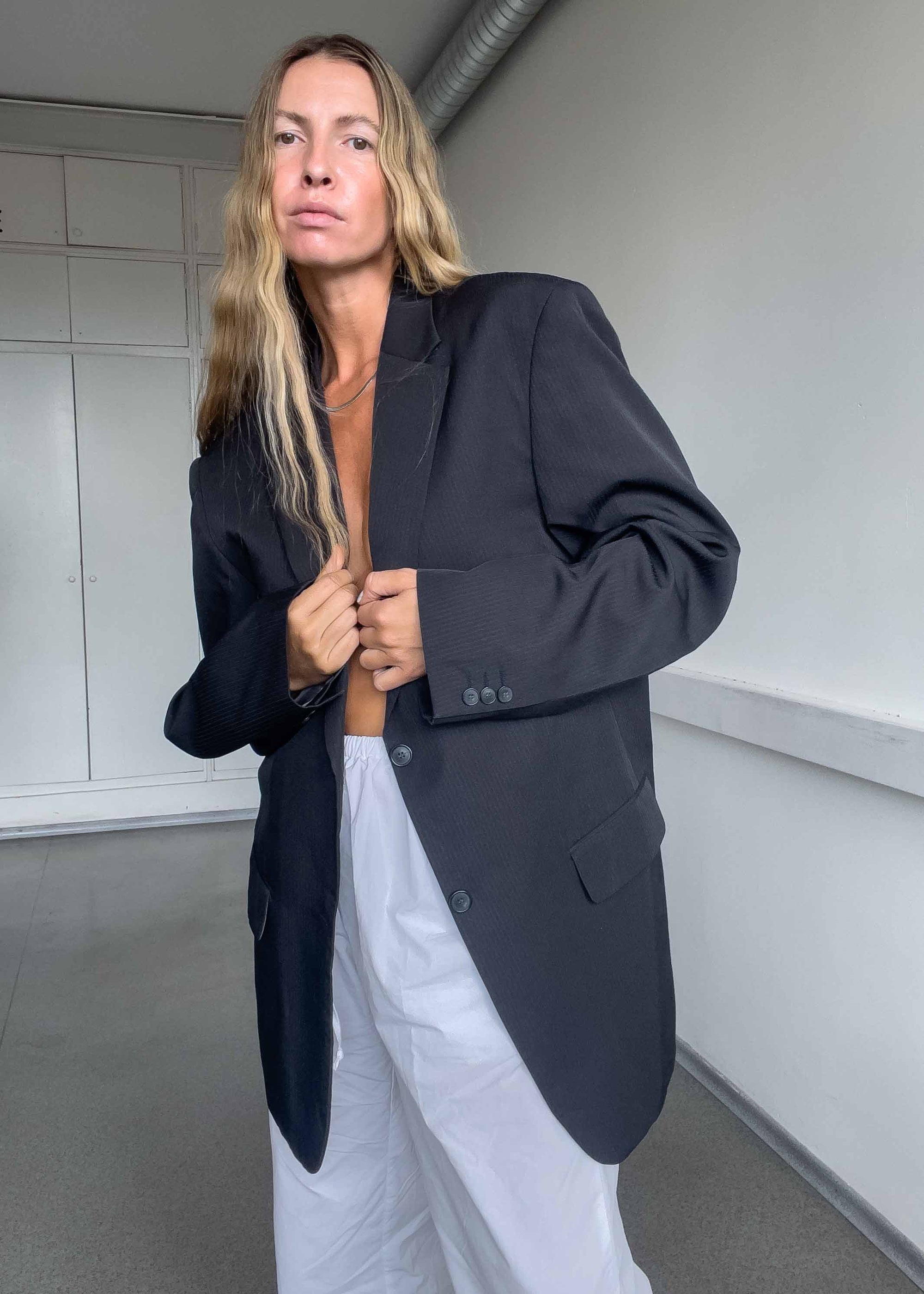 Vintage Dark Grey Striped Oversized Blazer