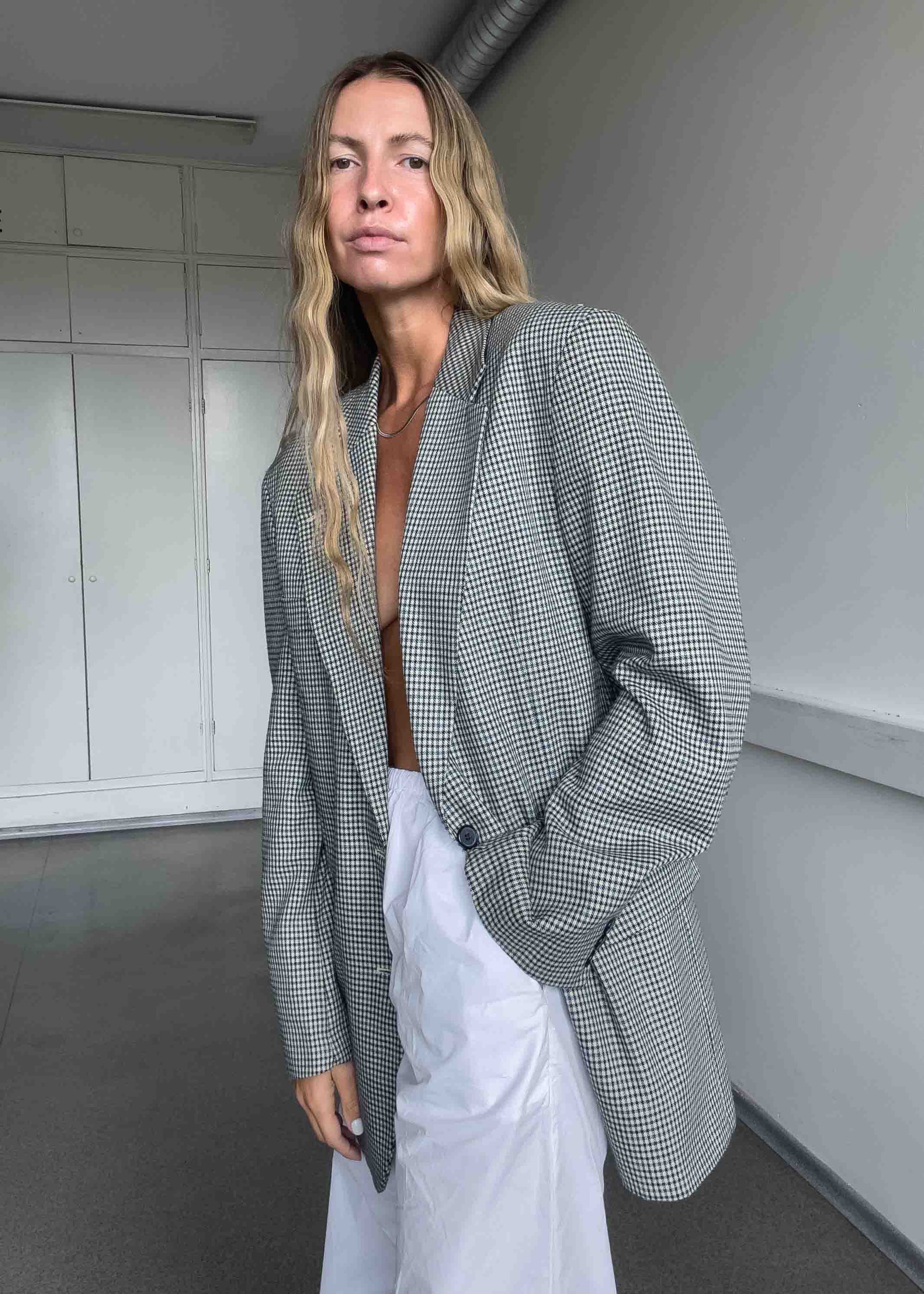Vintage White Oversized Blazer with Blue Checks