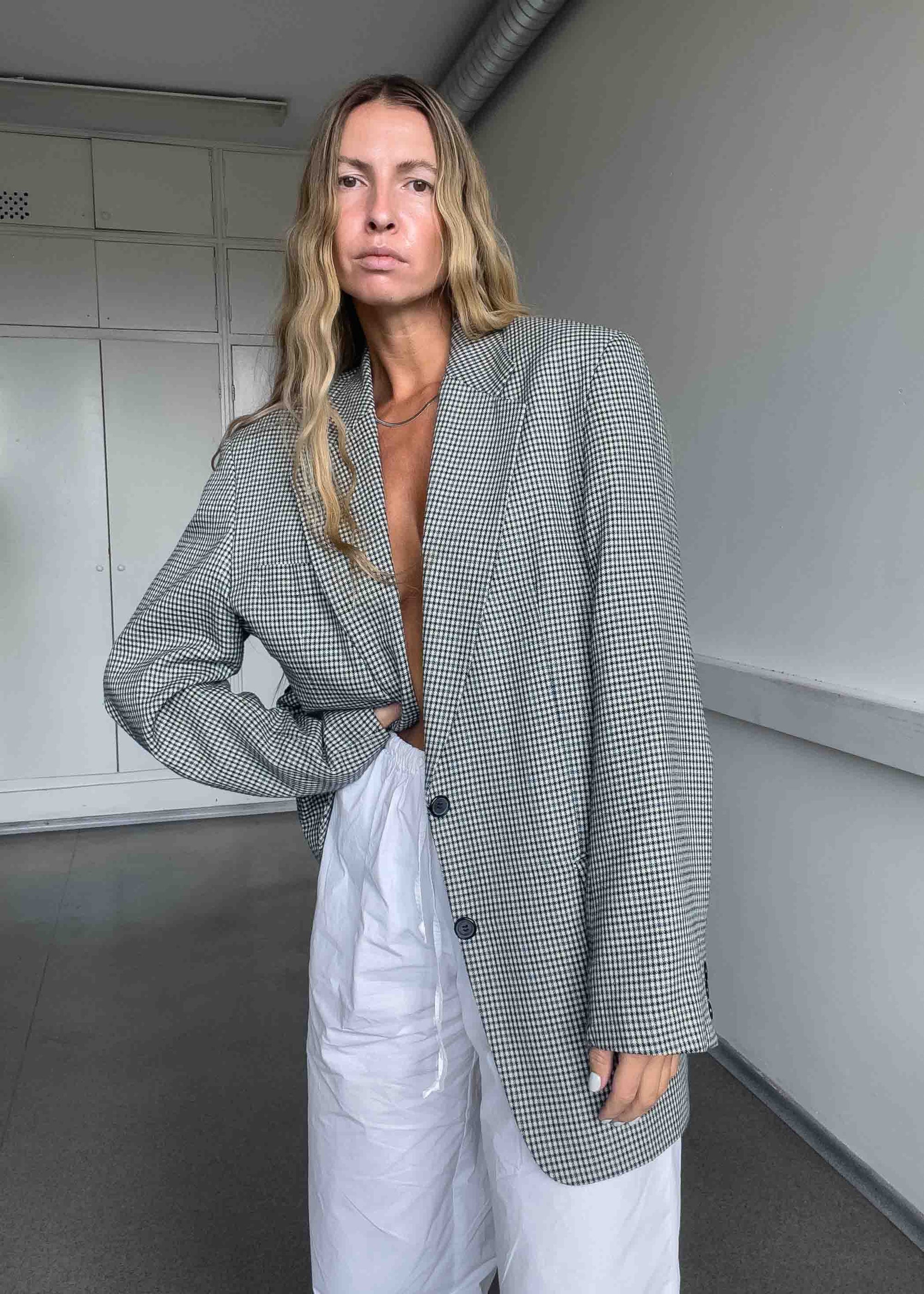 Vintage White Oversized Blazer with Blue Checks