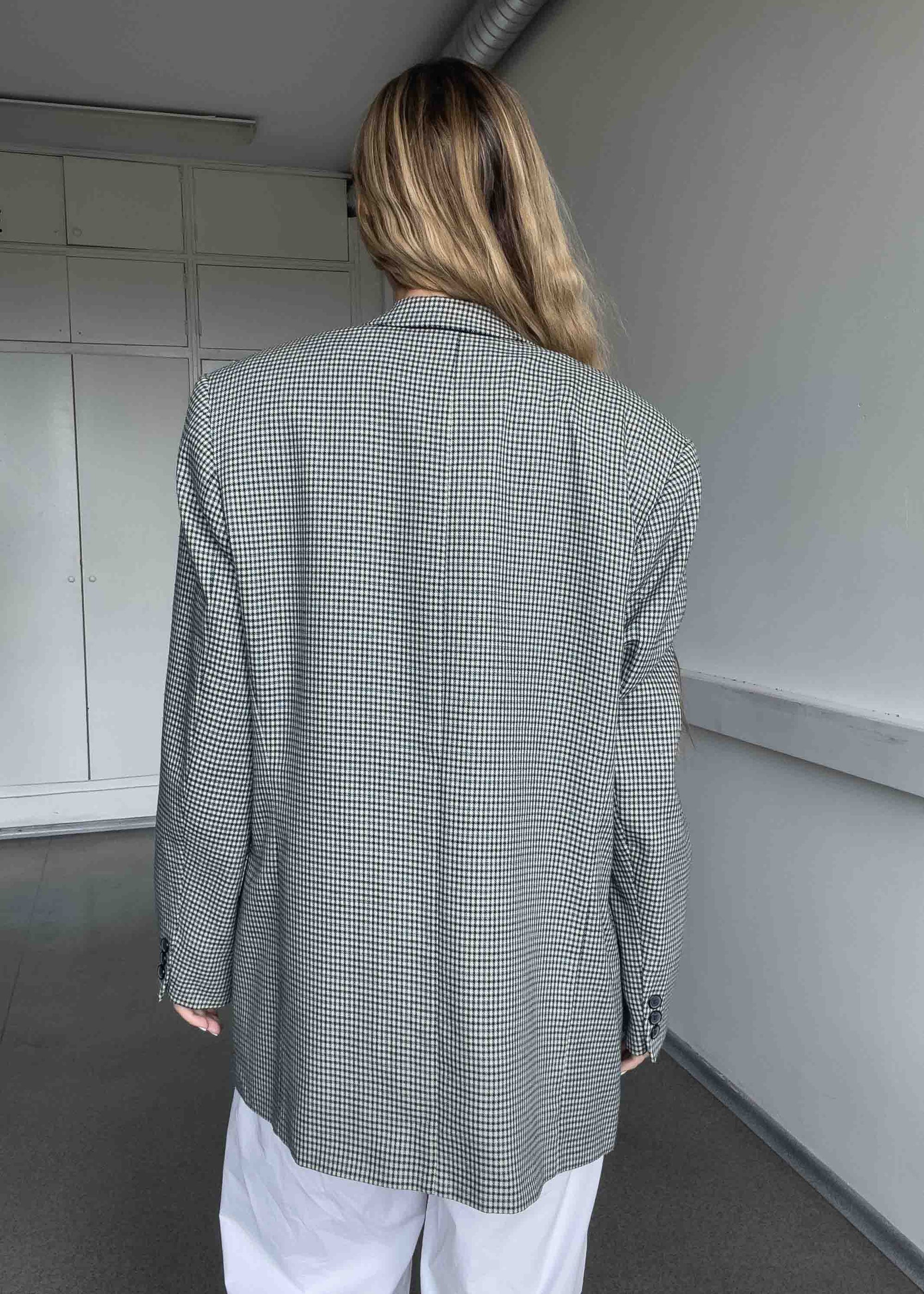 Vintage White Oversized Blazer with Blue Checks