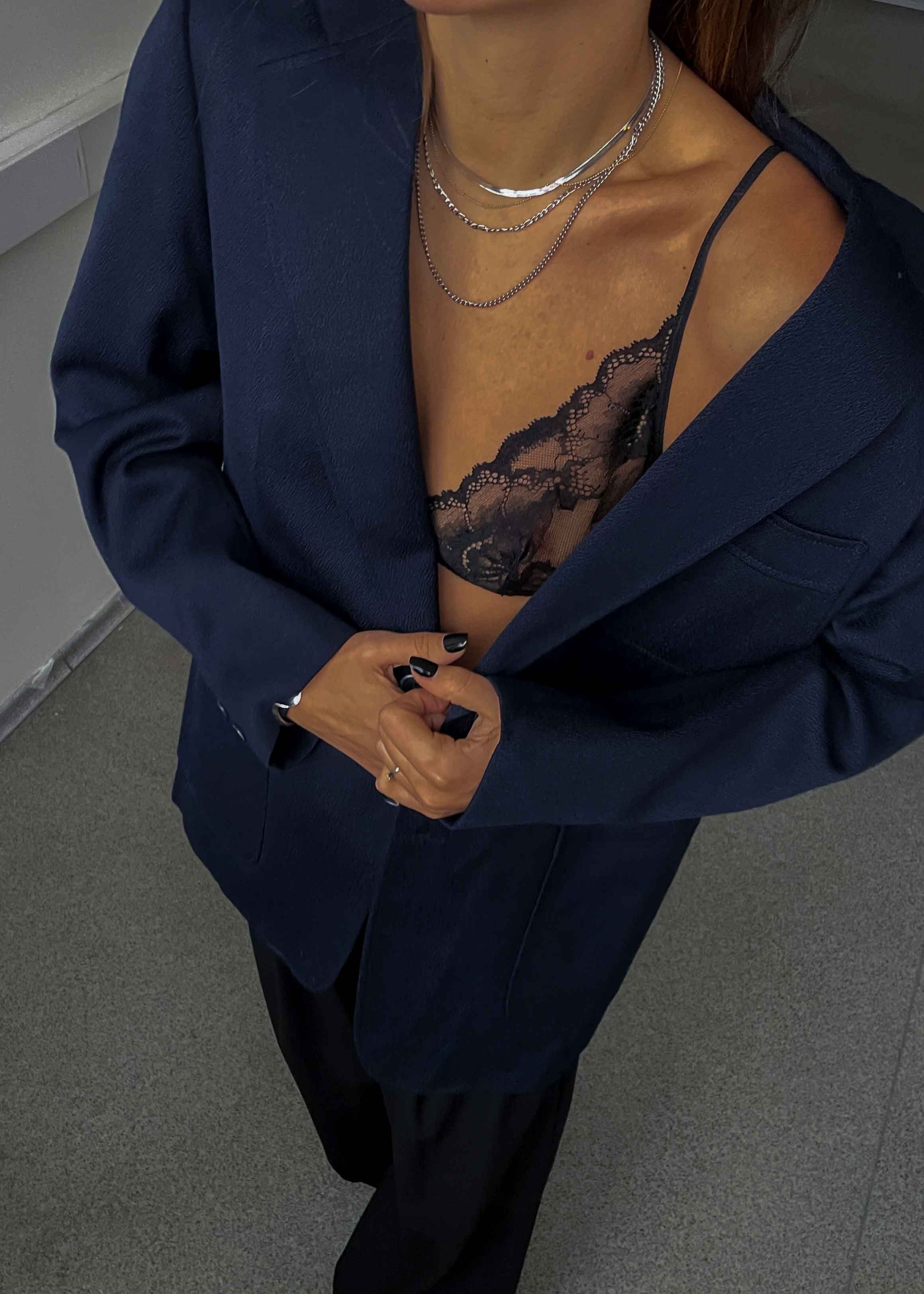 Vintage Navy Blue Textured Oversized Festive Blazer