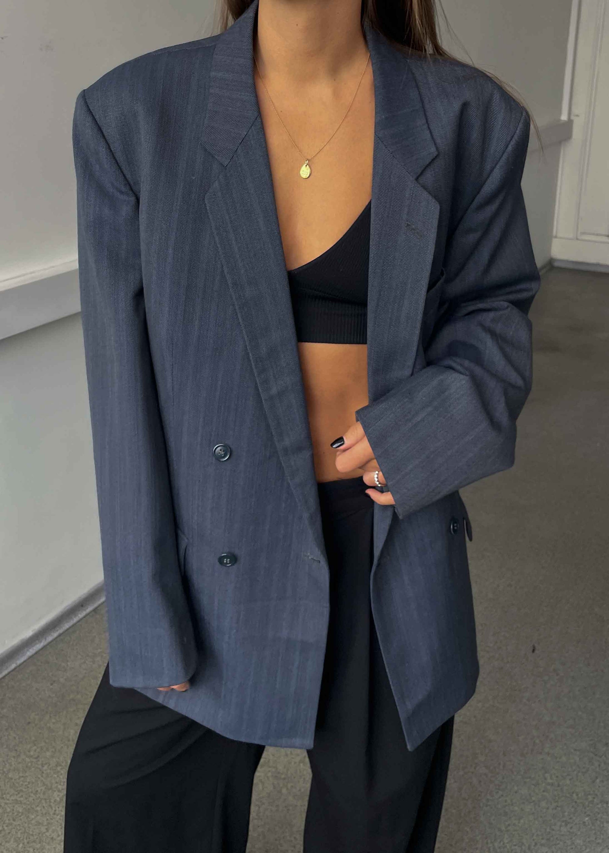 Vintage Blue Striped Oversized Double Breasted Blazer