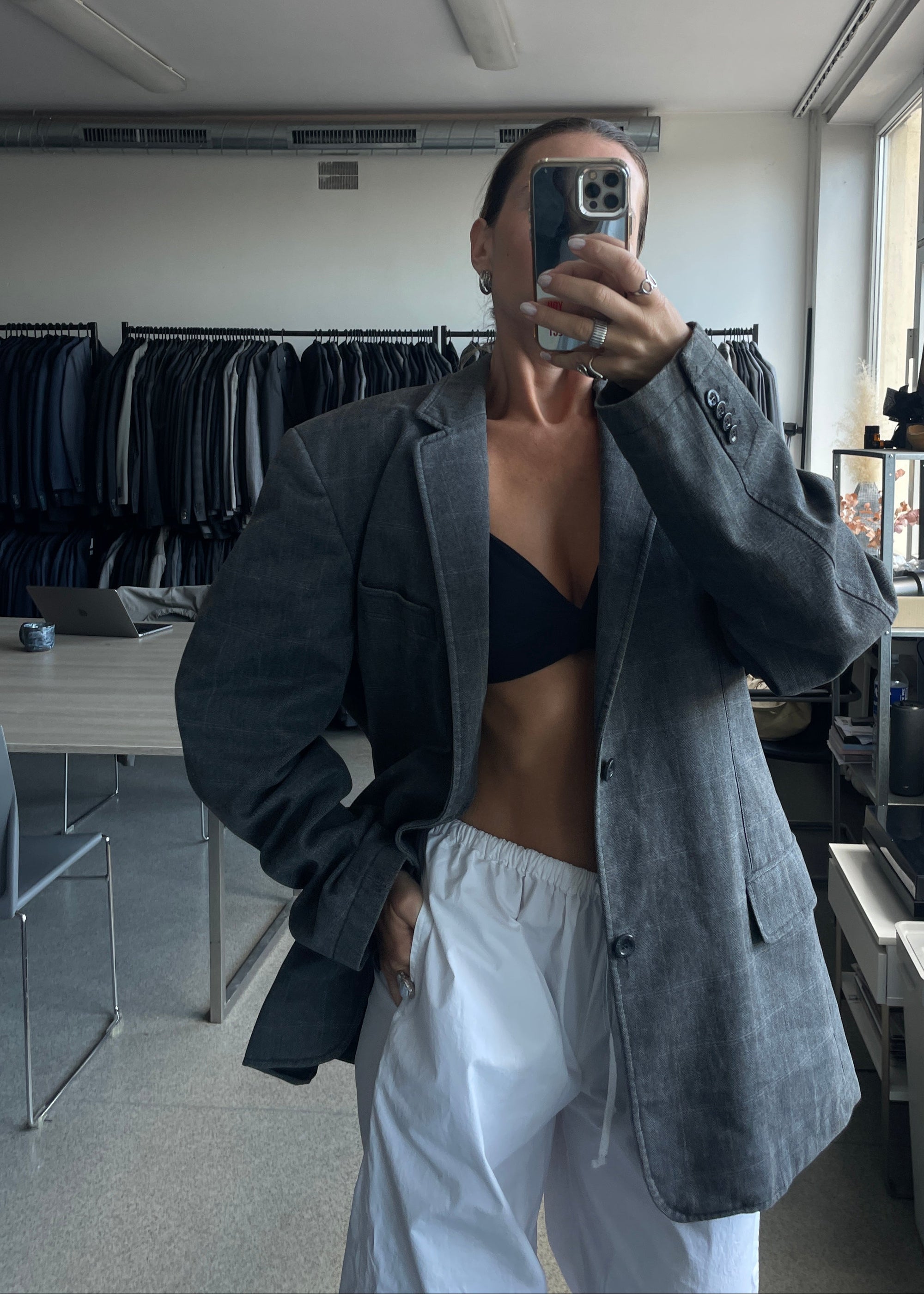 Vintage Grey Checked Oversized Blazer