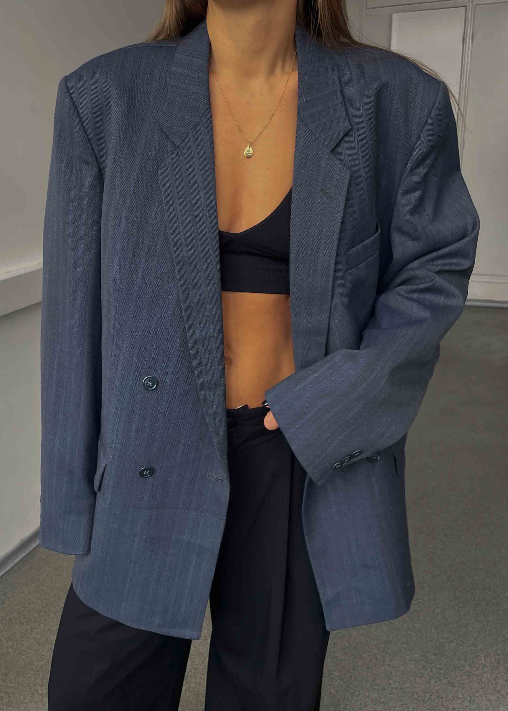 Vintage Blue Striped Oversized Double Breasted Blazer