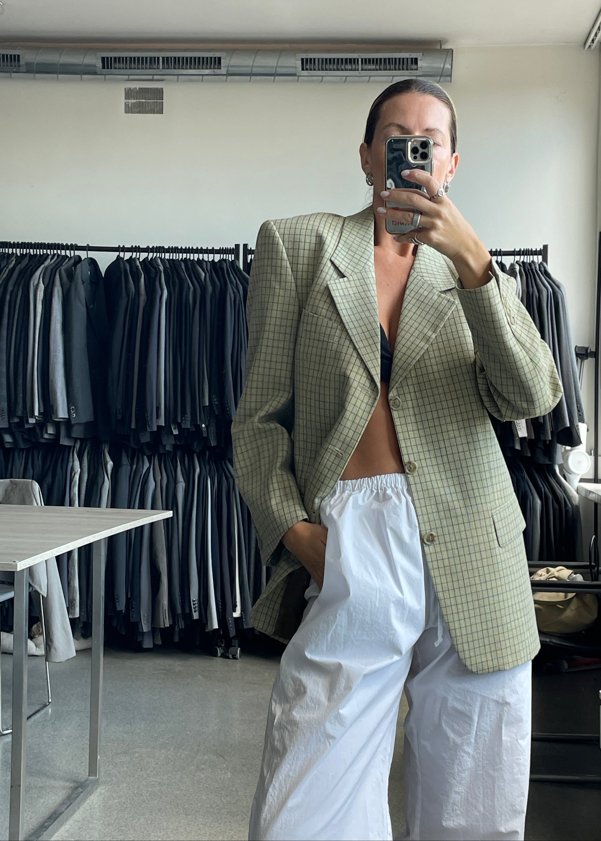 Vintage Light Yellow Checked Oversized Blazer