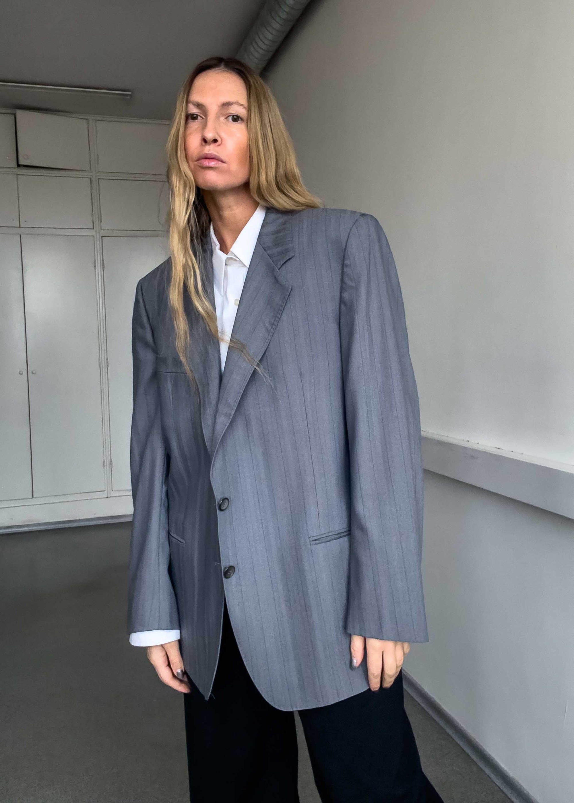 Vintage Grey Stripy Oversized Blazer