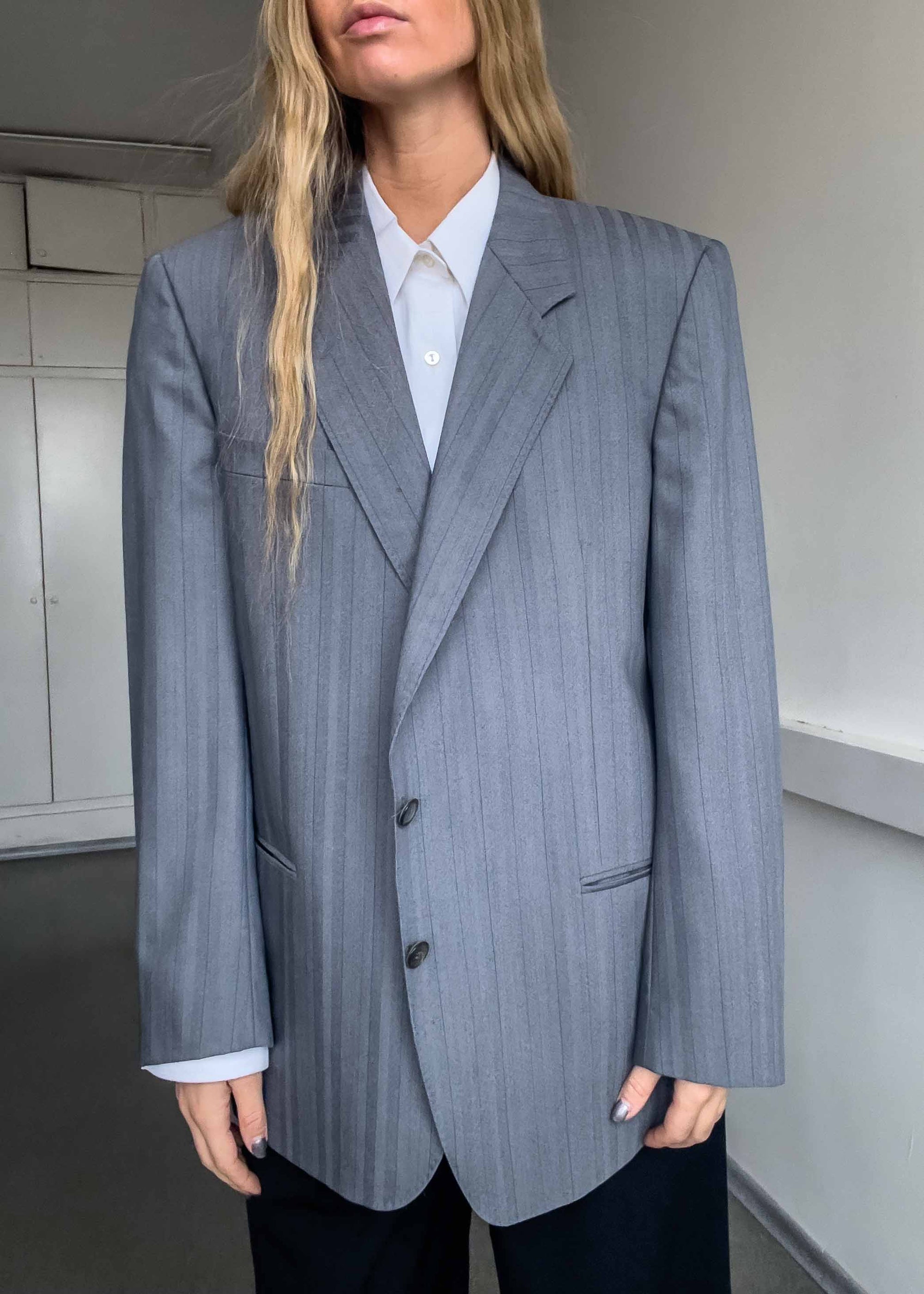 Vintage Grey Stripy Oversized Blazer