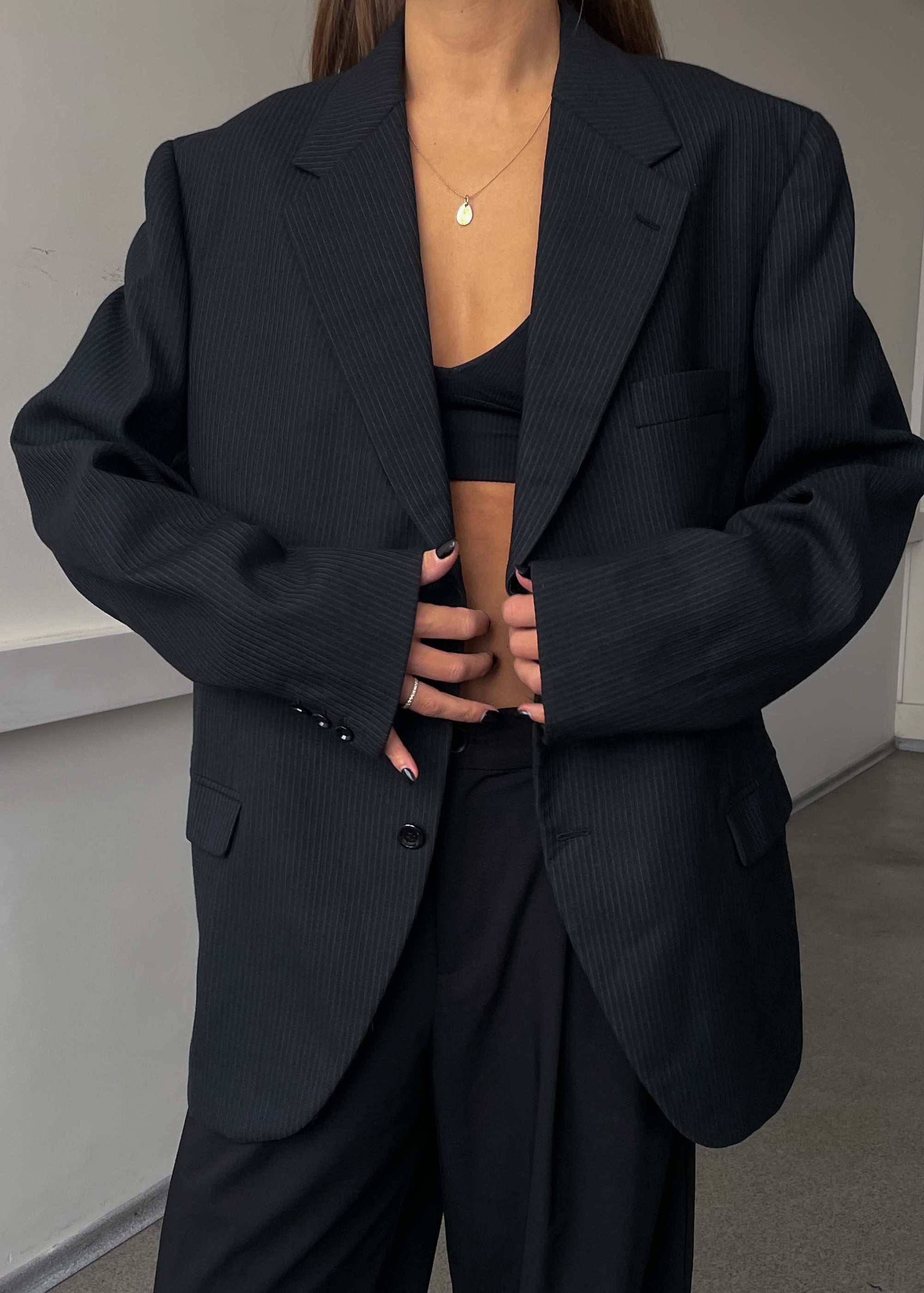 Vintage Black Striped Oversized Classic Blazer