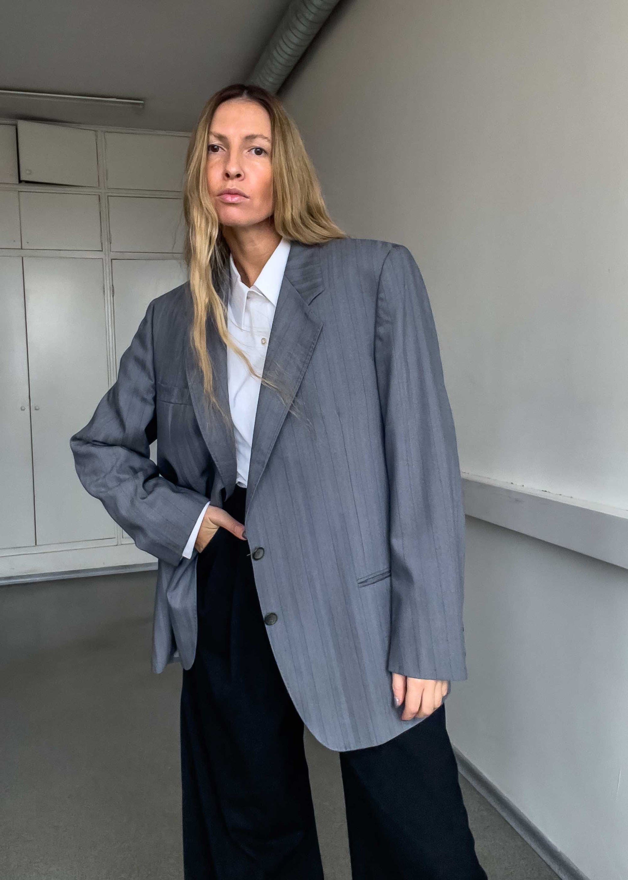 Vintage Grey Stripy Oversized Blazer