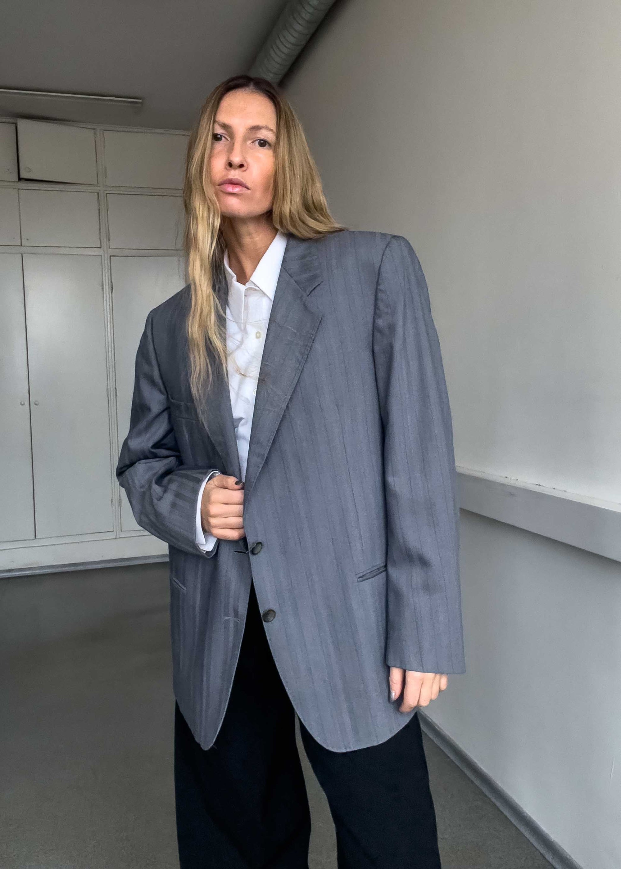 Vintage Grey Stripy Oversized Blazer
