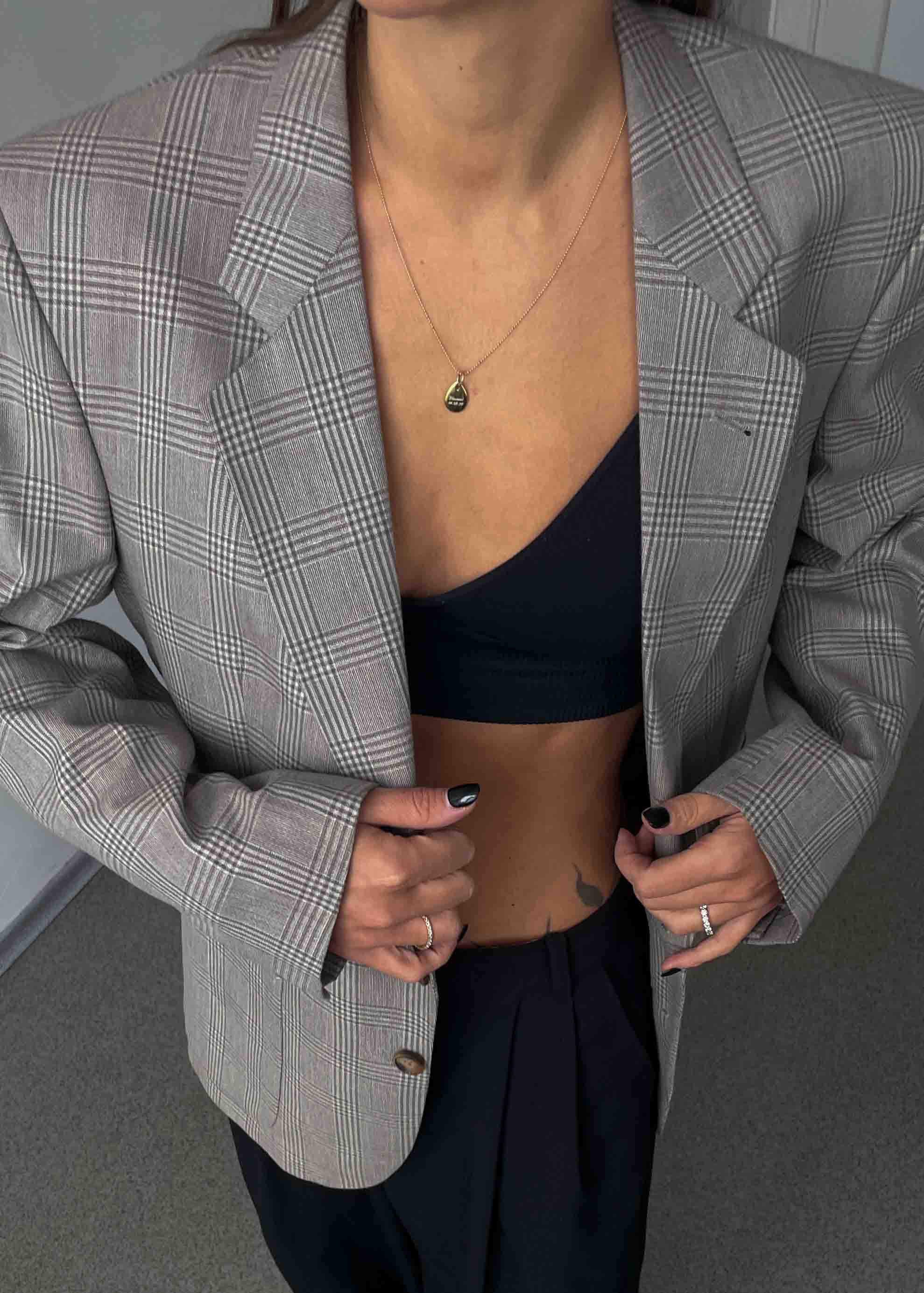 Vintage Grey Checked Oversized Blazer
