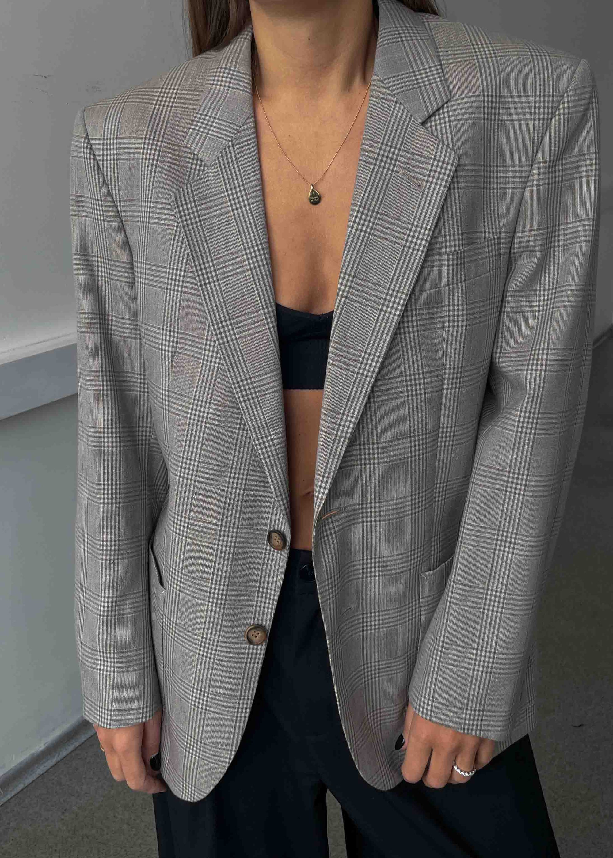 Vintage Grey Checked Oversized Blazer