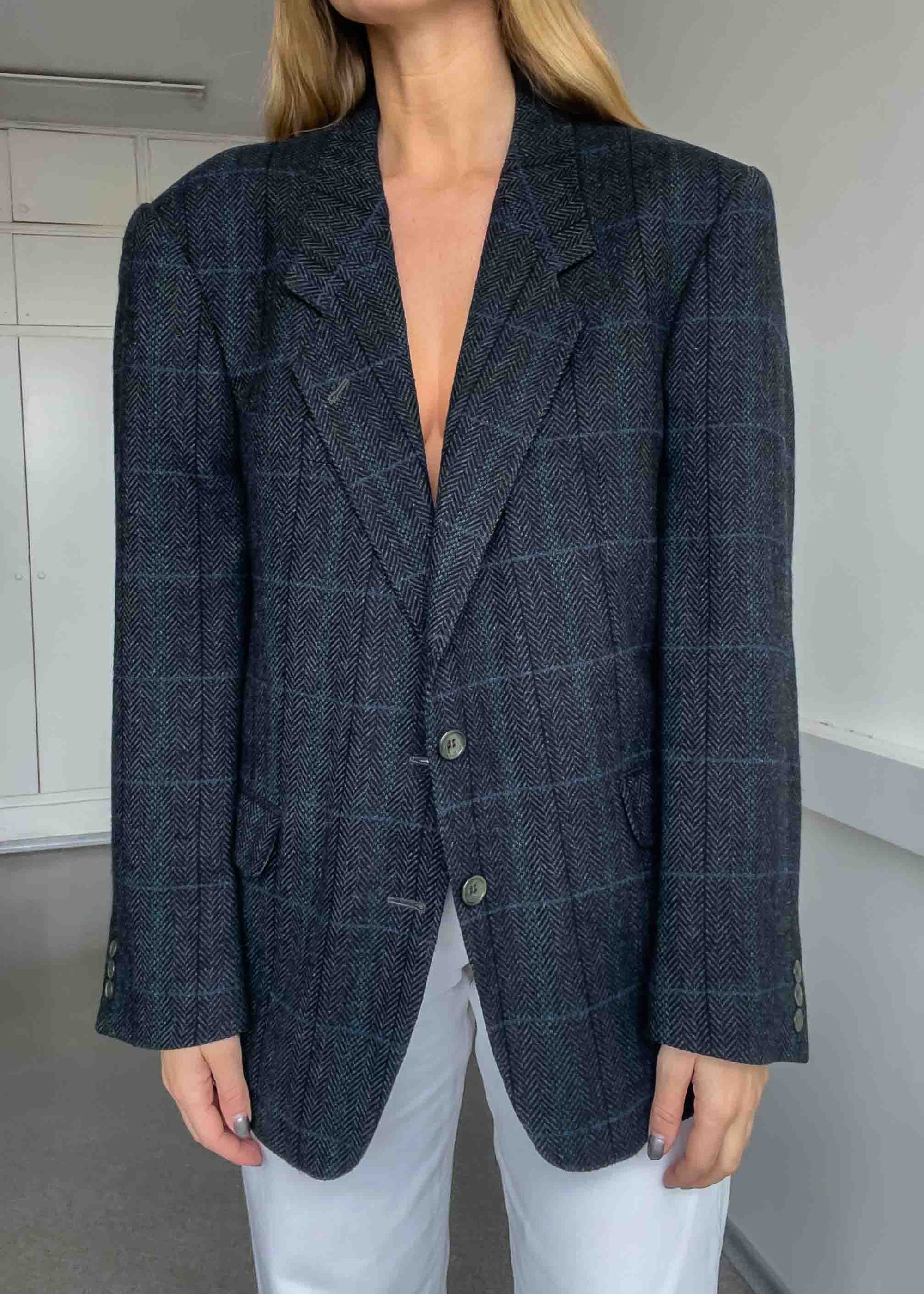 Vintage Grey Checked Oversized Blazer