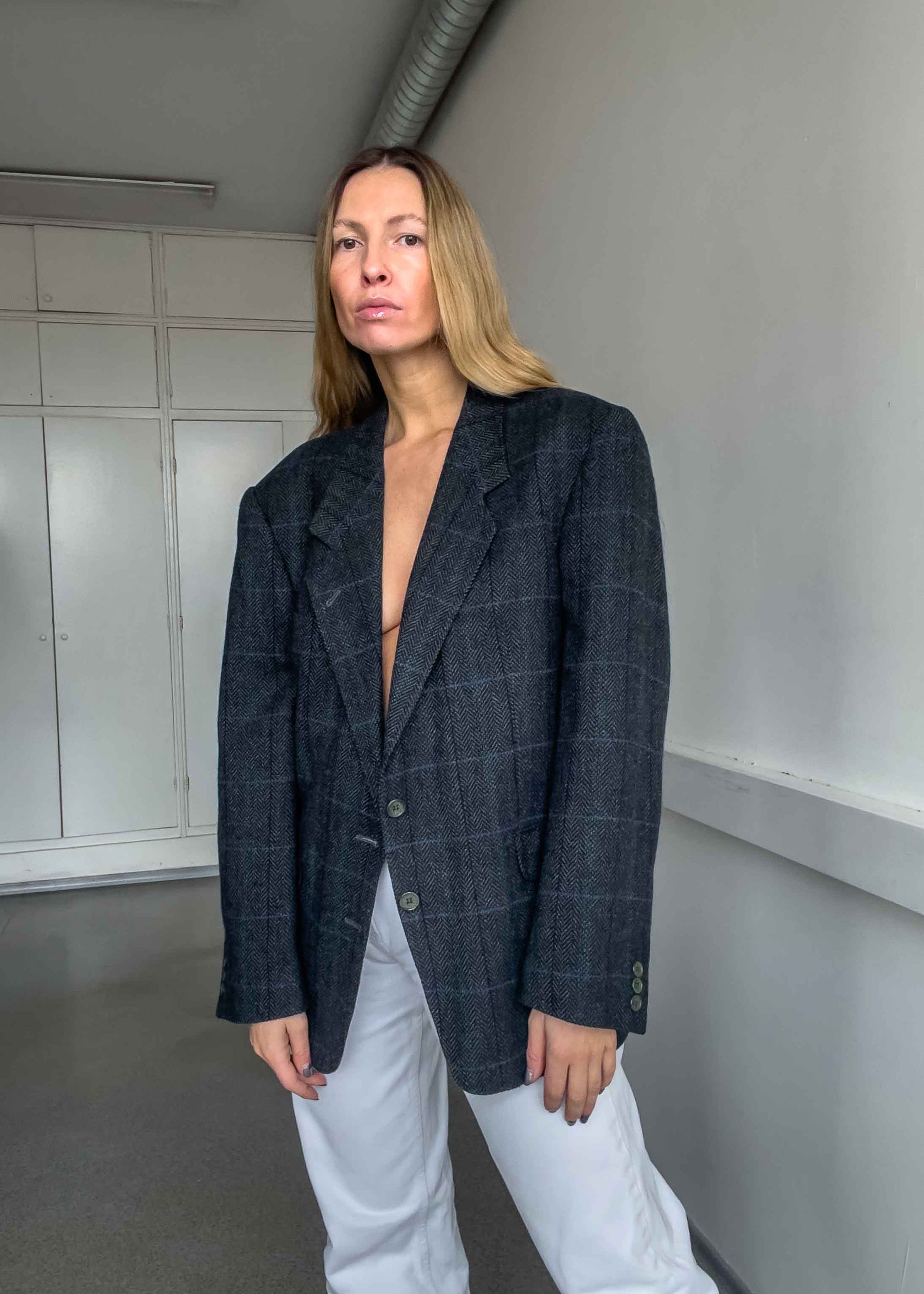 Vintage Grey Checked Oversized Blazer