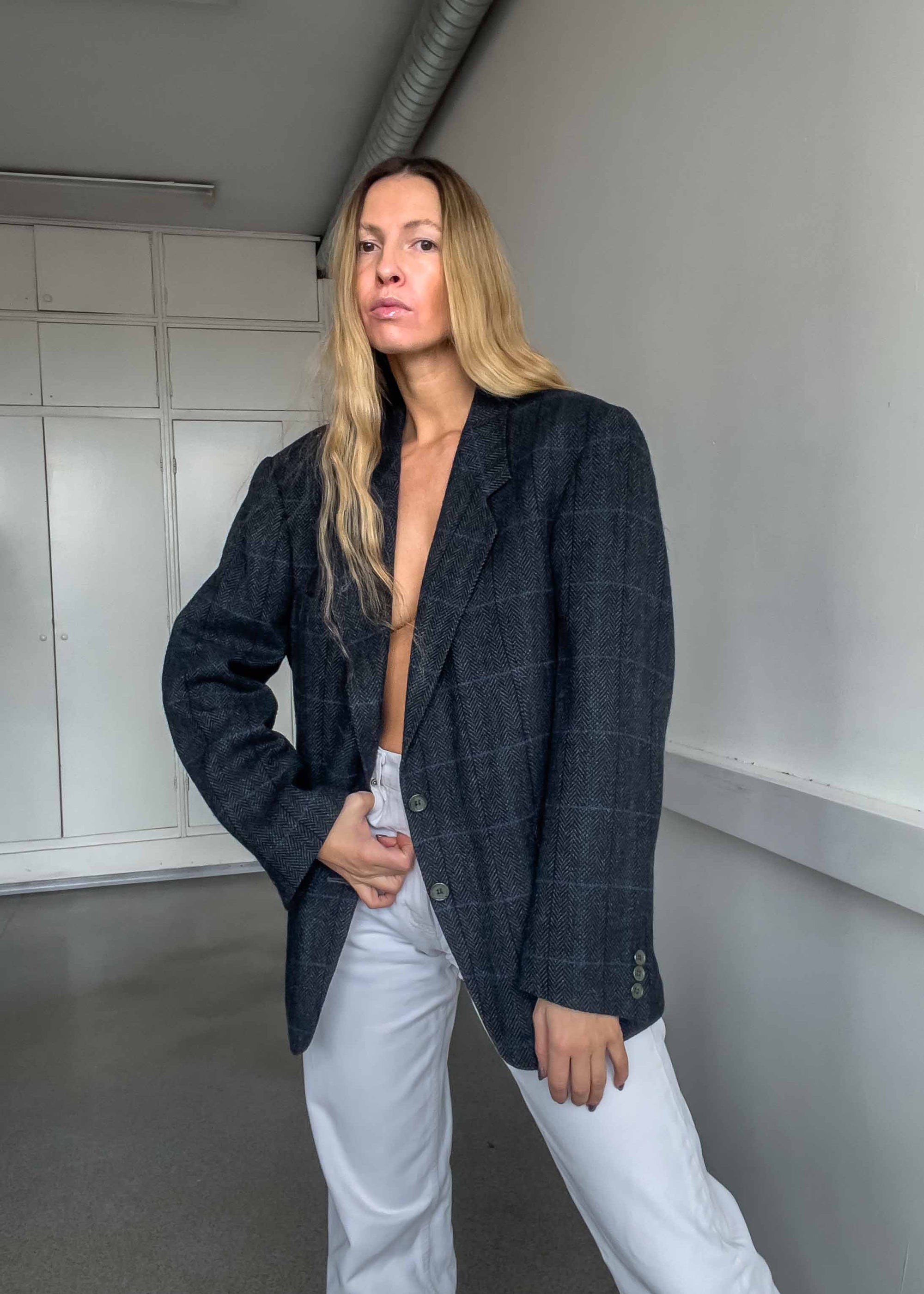 Vintage Grey Checked Oversized Blazer