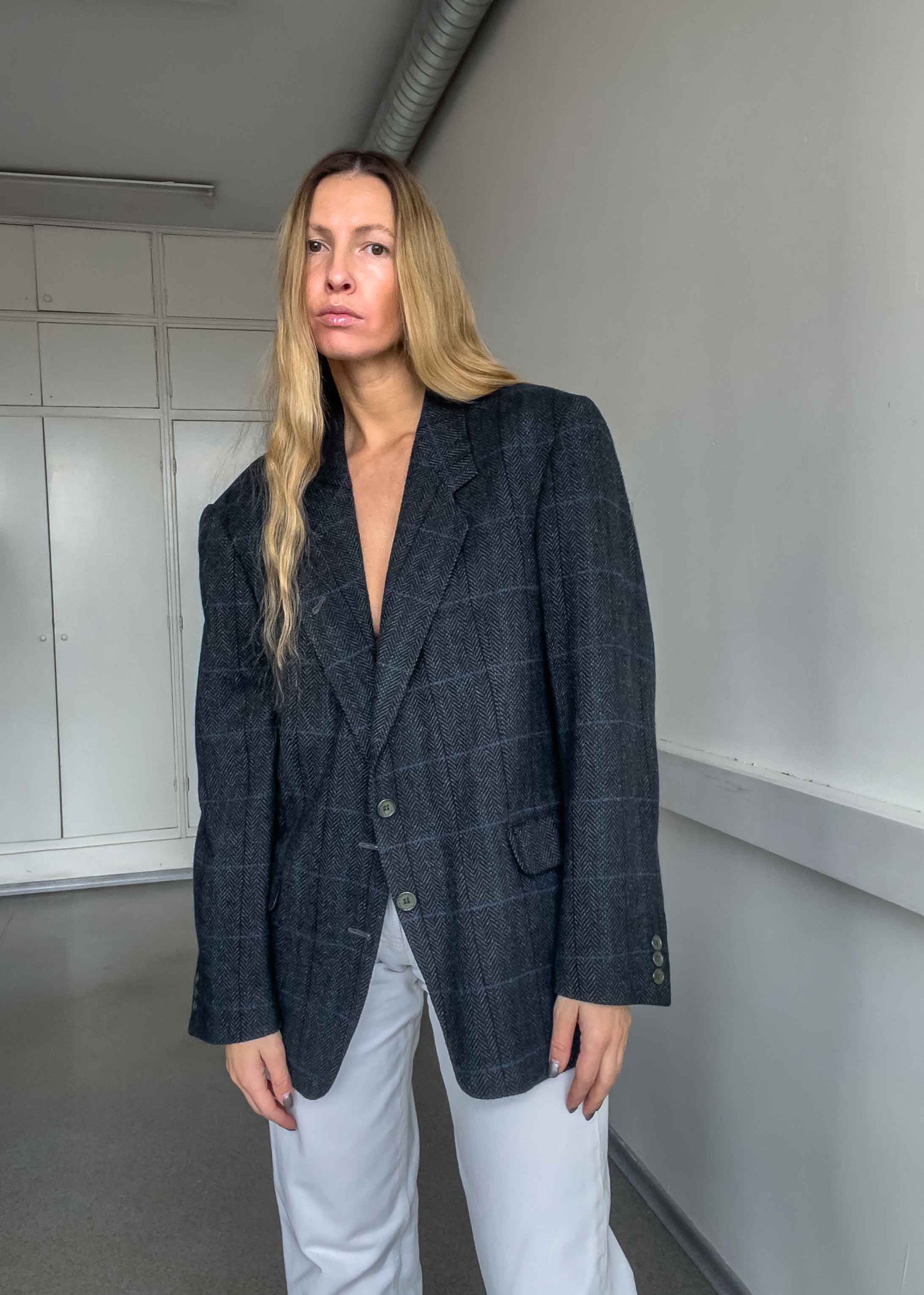 Vintage Grey Checked Oversized Blazer