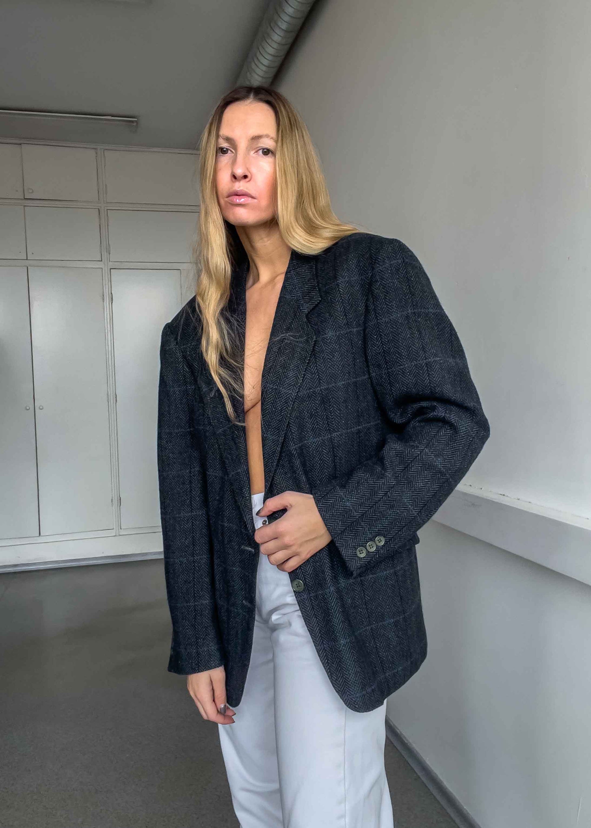 Vintage Grey Checked Oversized Blazer