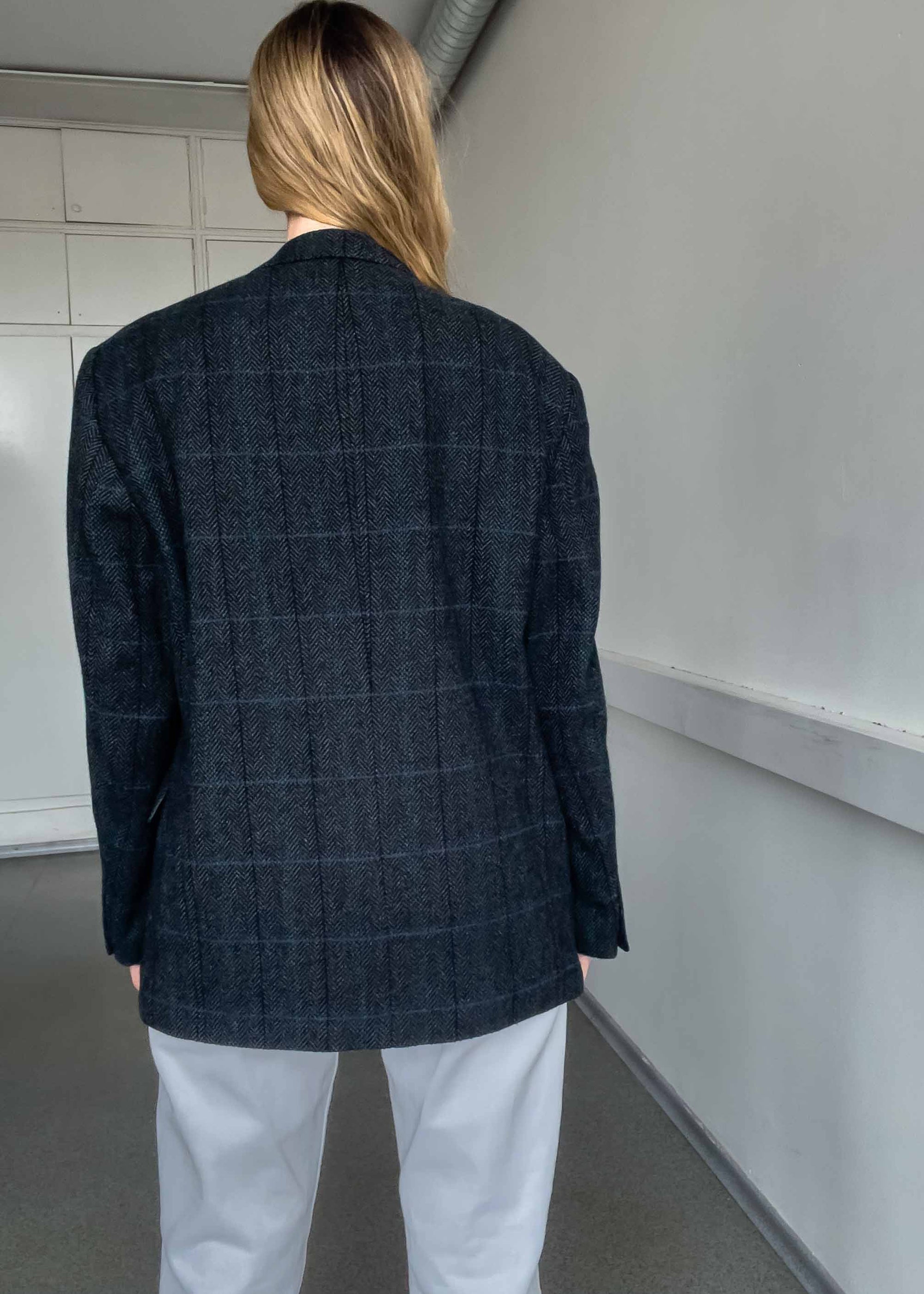 Vintage Grey Checked Oversized Blazer