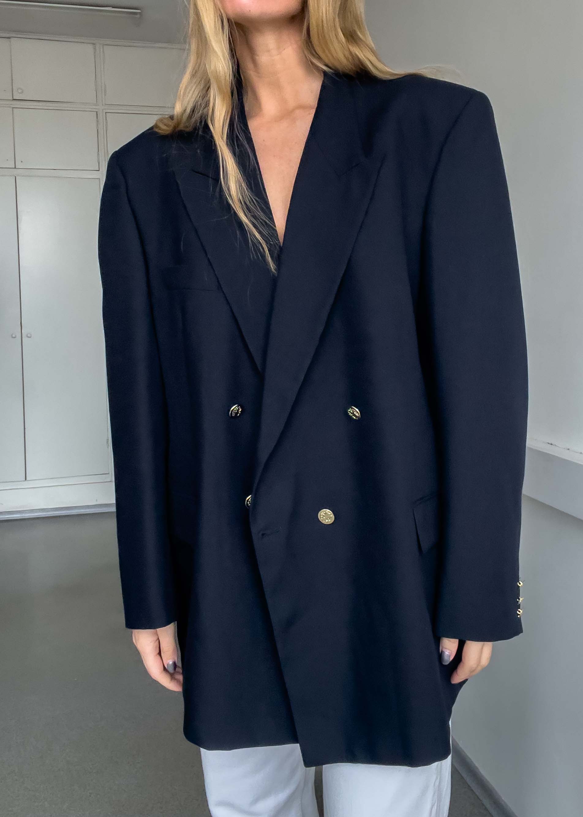 Vintage Navy Blue Oversized Double Breasted Blazer