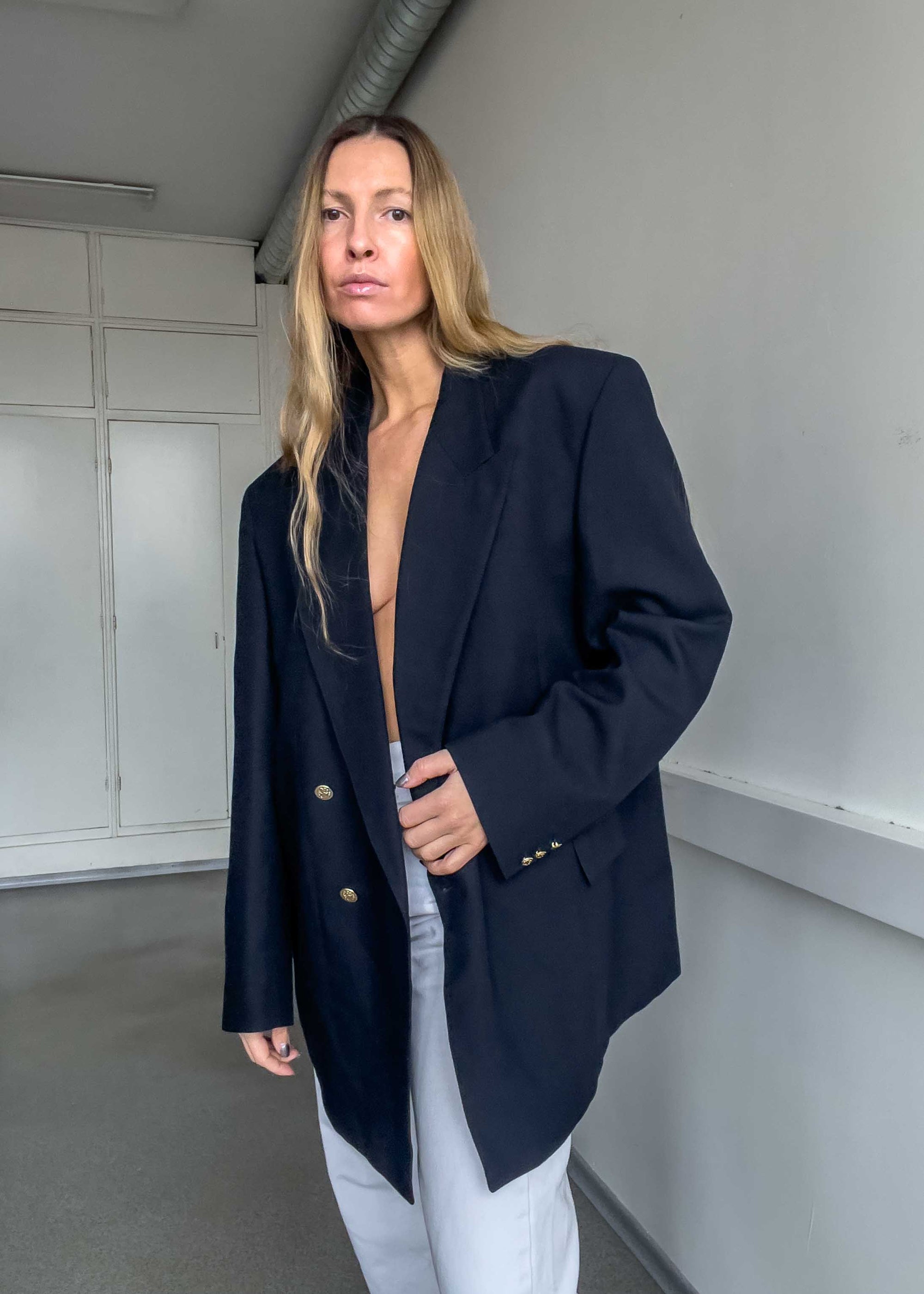 Vintage Navy Blue Oversized Double Breasted Blazer