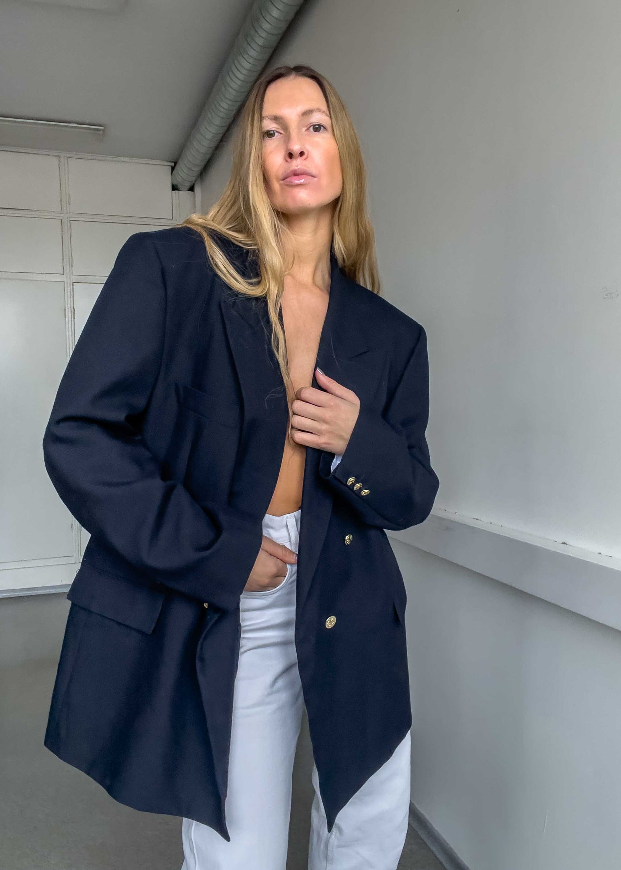 Vintage Navy Blue Oversized Double Breasted Blazer