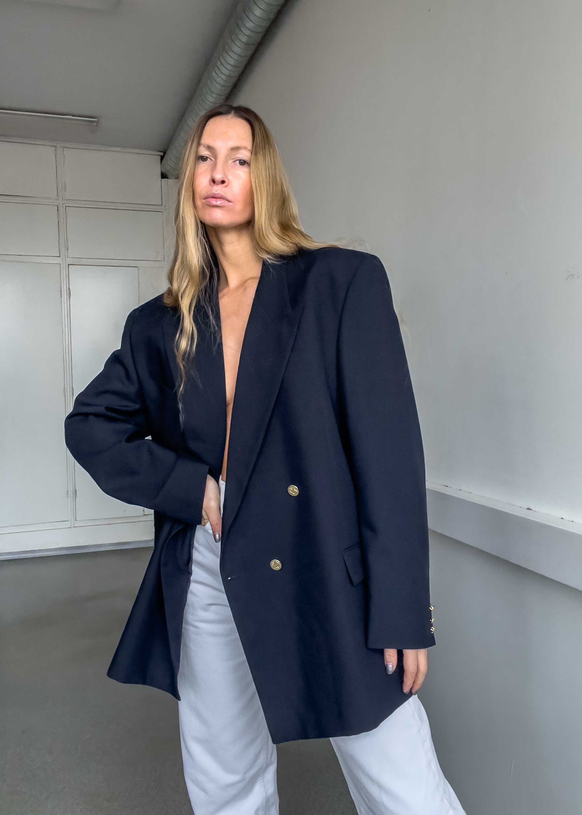 Vintage Navy Blue Oversized Double Breasted Blazer